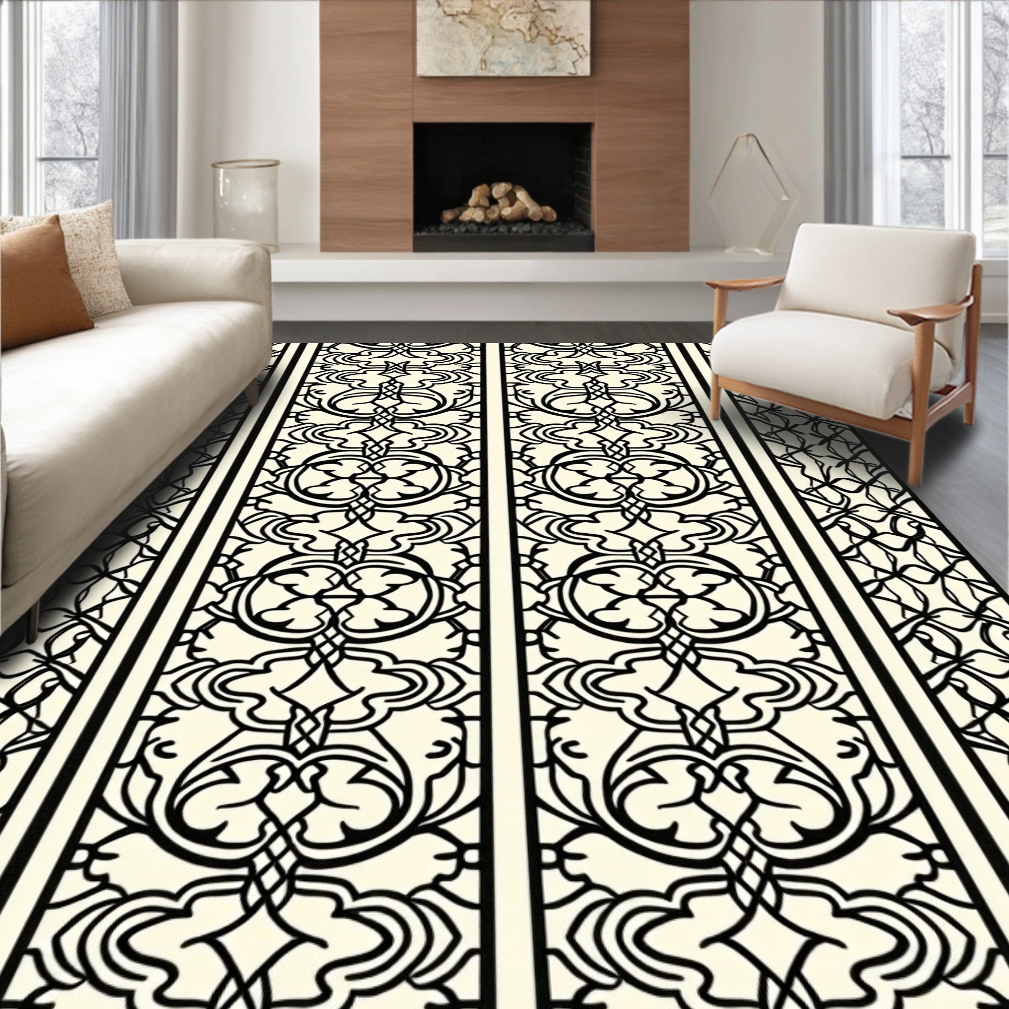Cream and Black Filigree Scroll Rug