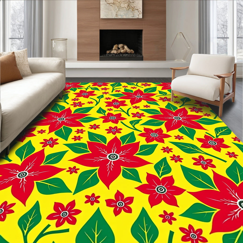 Vibrant Red Flower Garden Yellow Rug