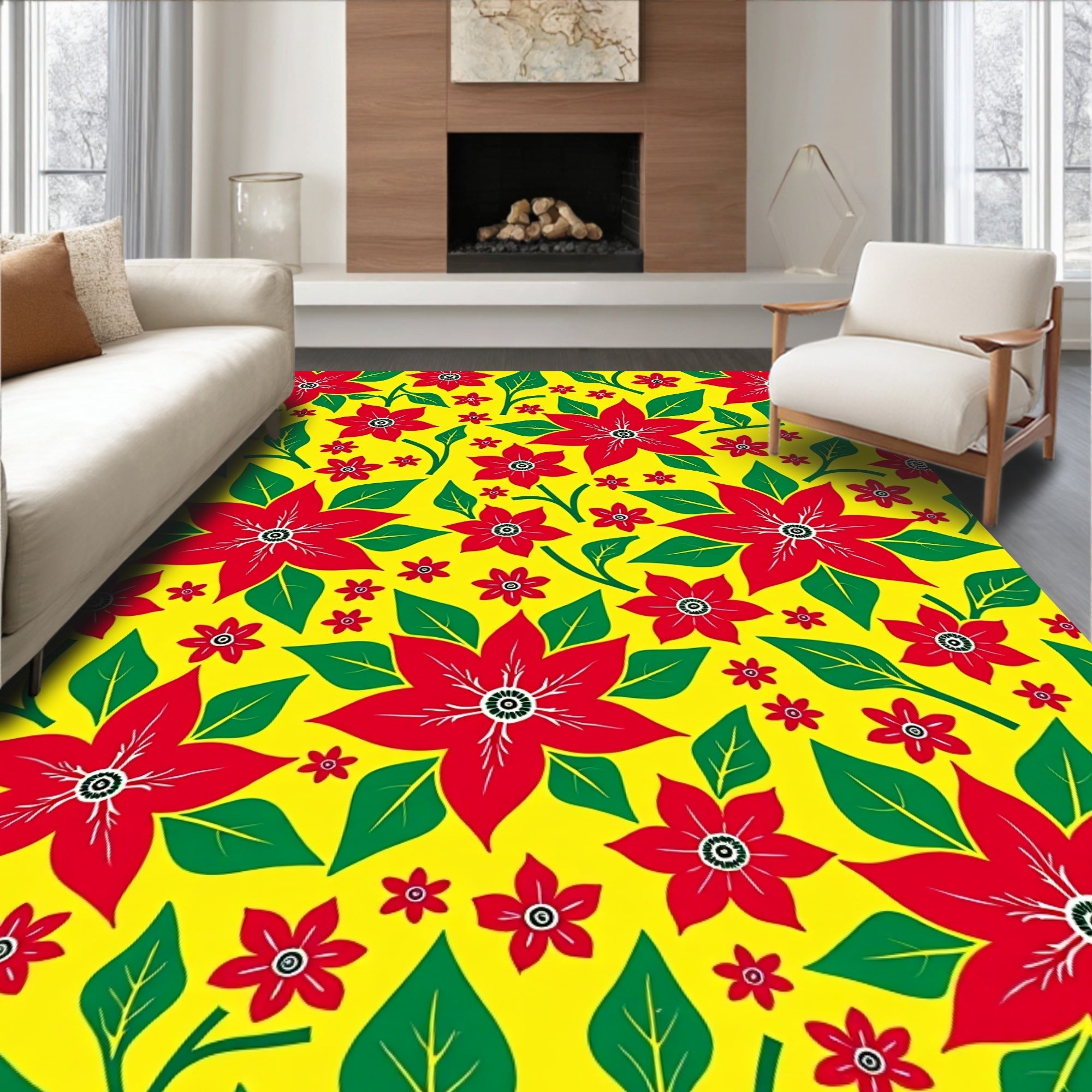 Vibrant Red Flower Garden Yellow Rug