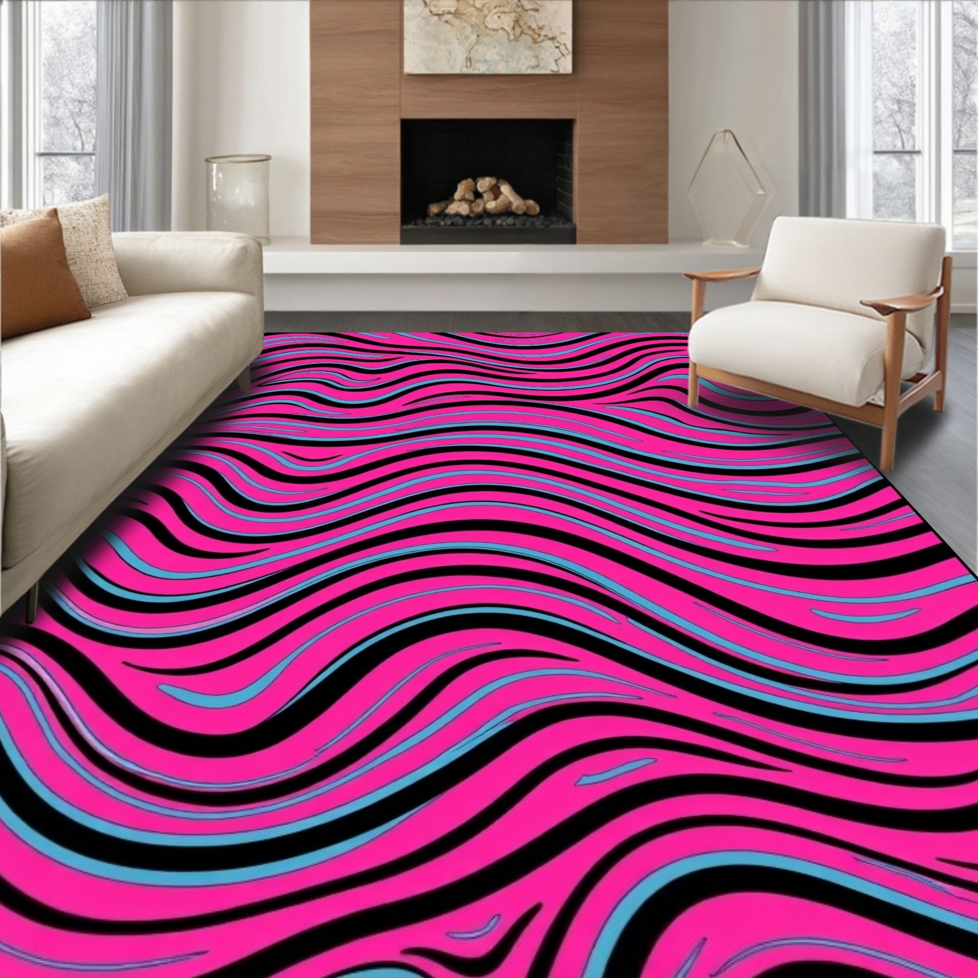 Vibrant Pink Black Blue Swirling Lines Rug
