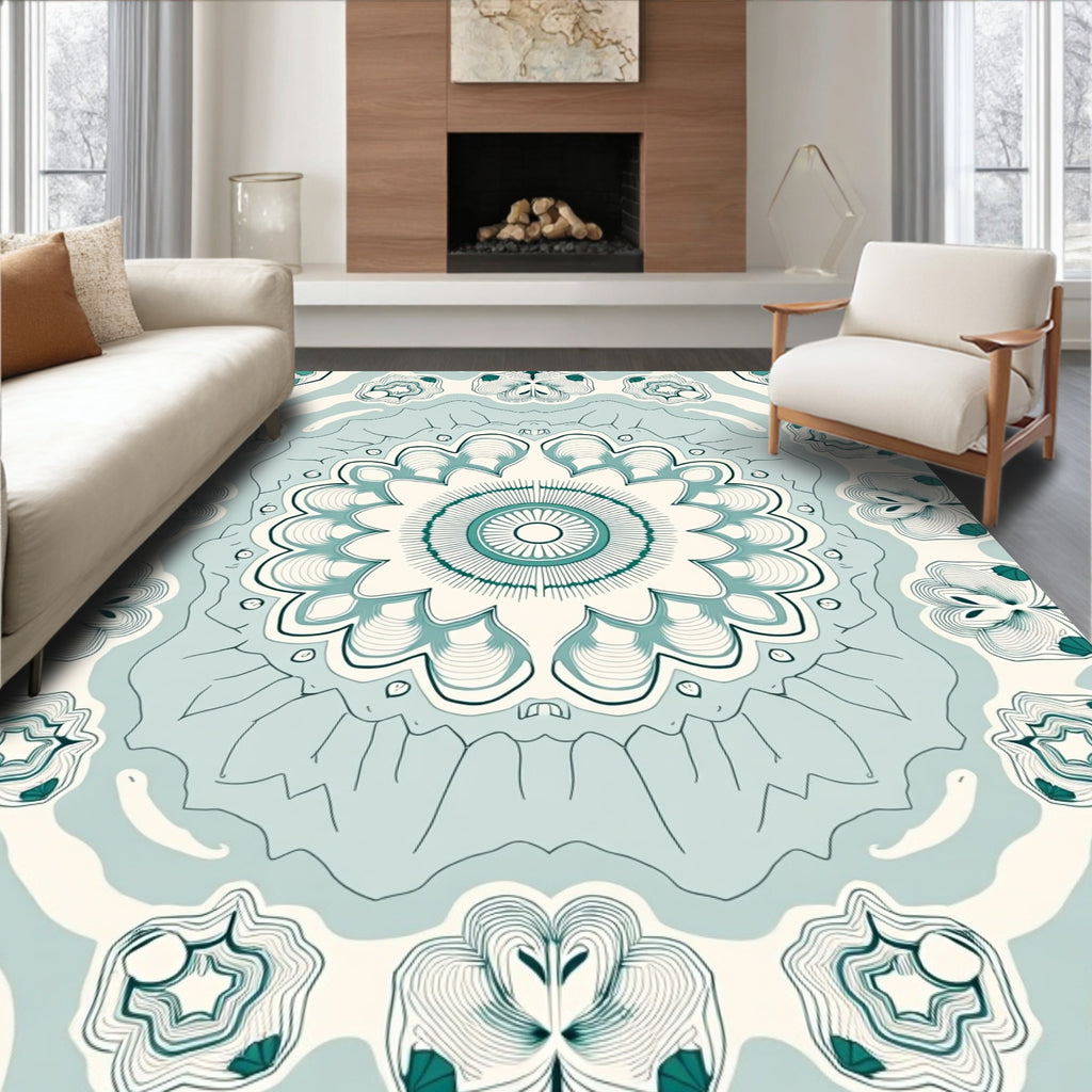 Teal White Intricate Floral Mandala Rug