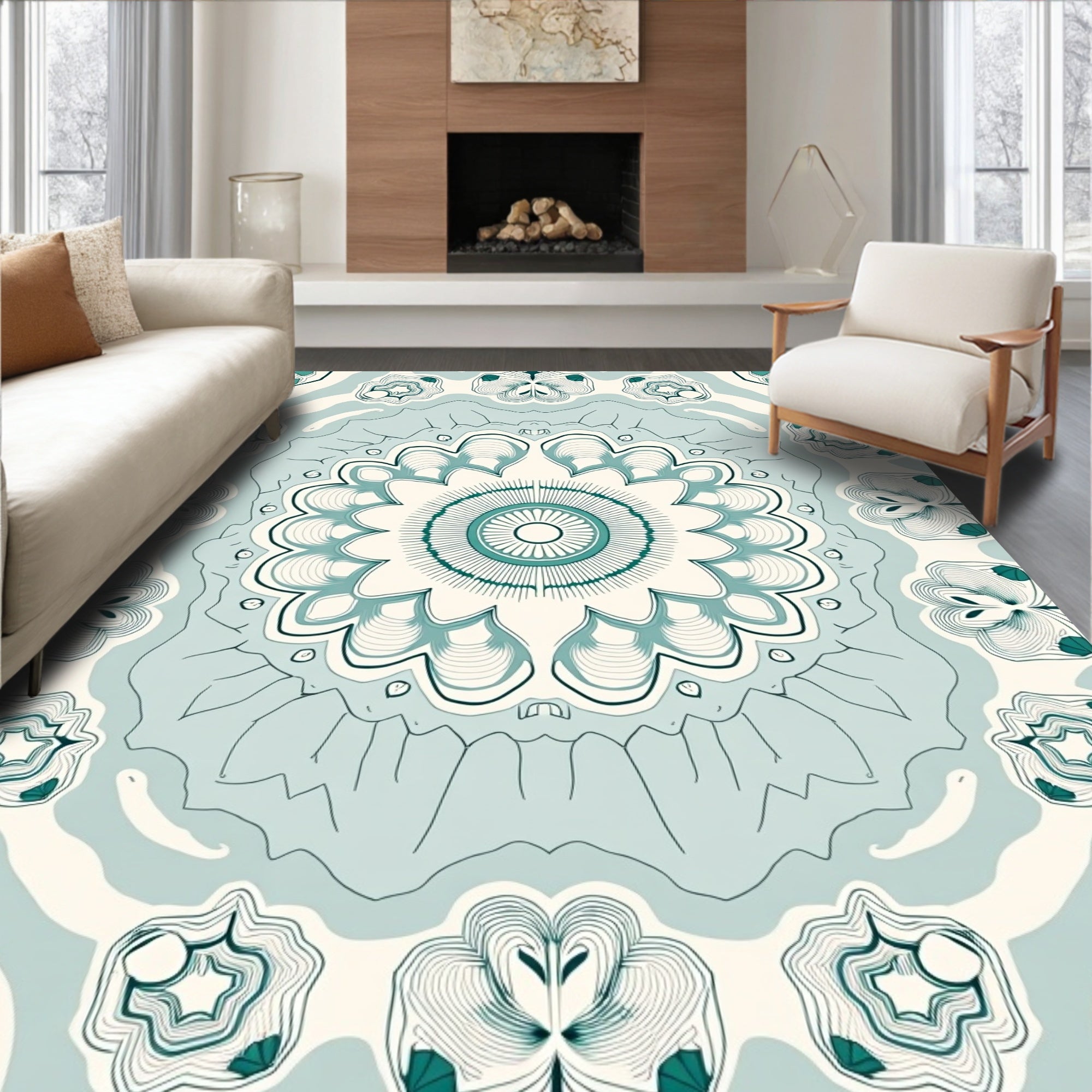 Teal White Intricate Floral Mandala Rug