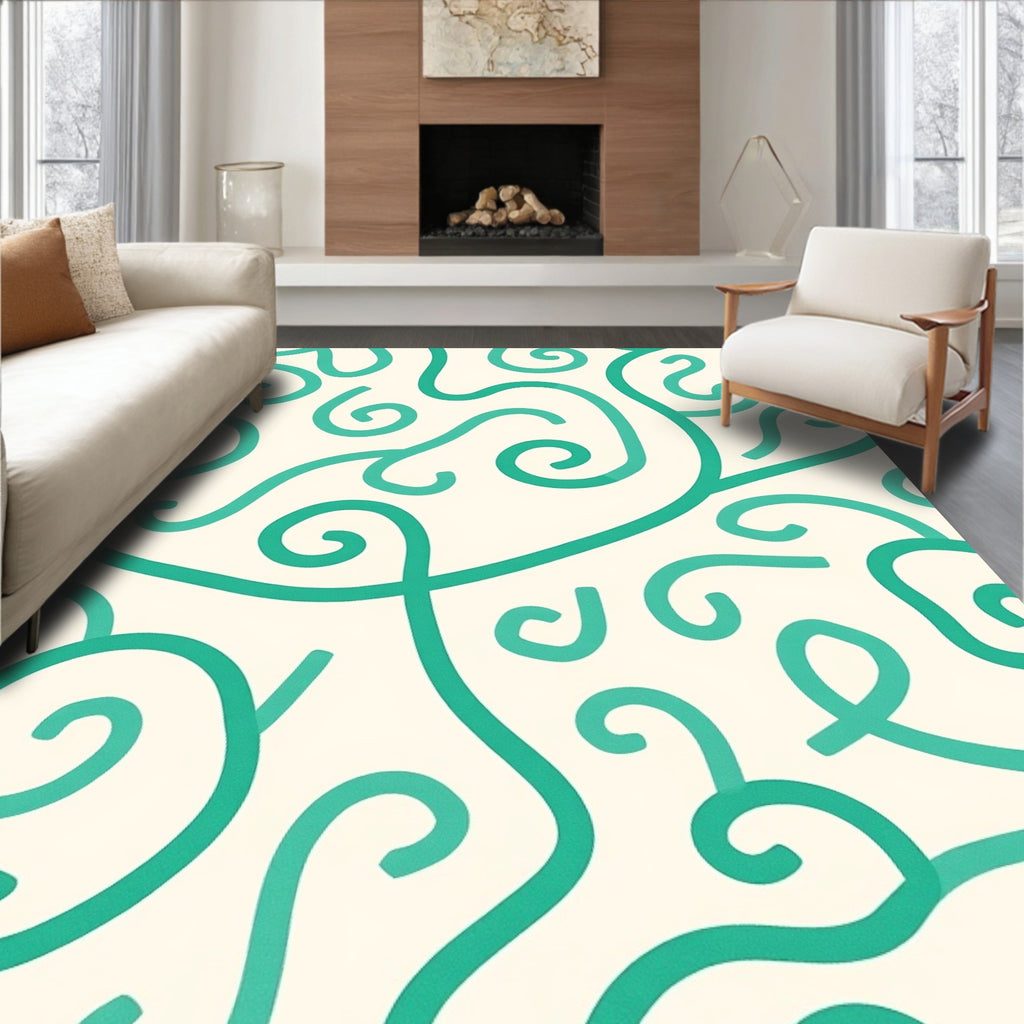 Teal Swirl Scroll Cream Background Rug