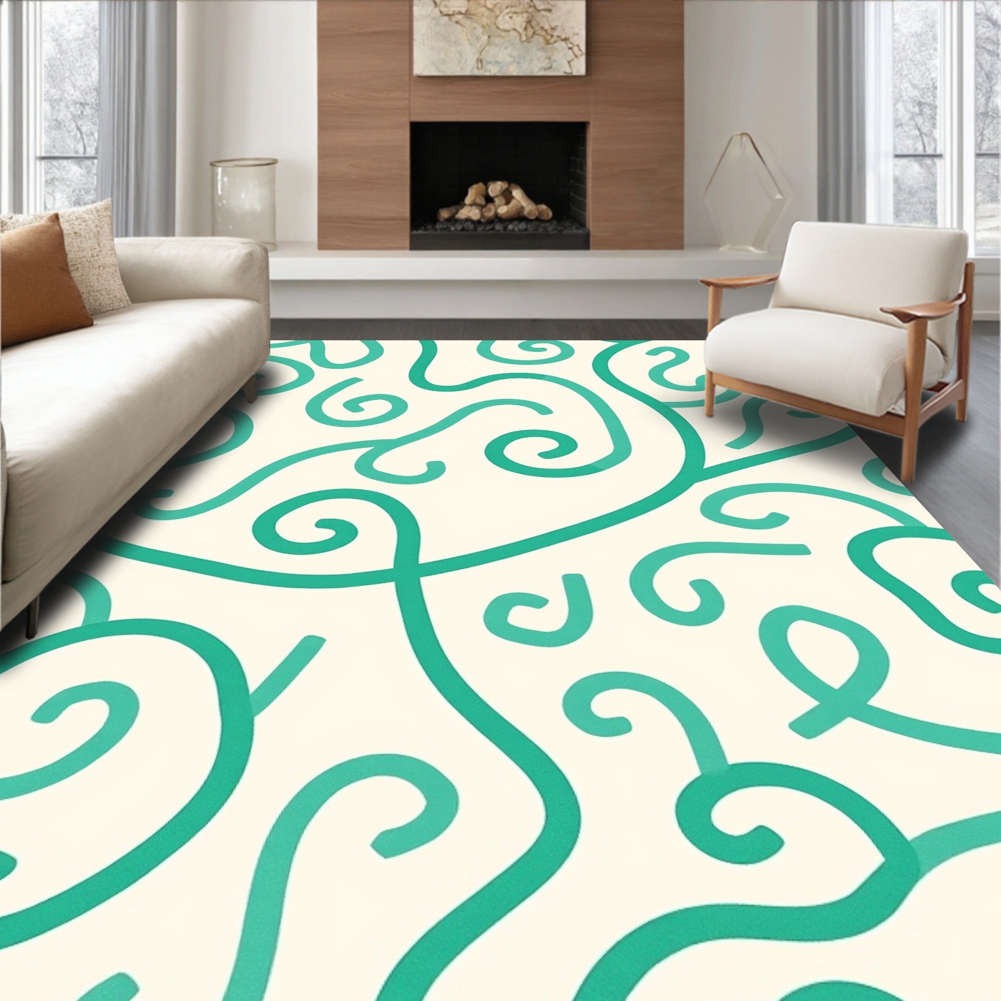Teal Swirl Scroll Cream Background Rug