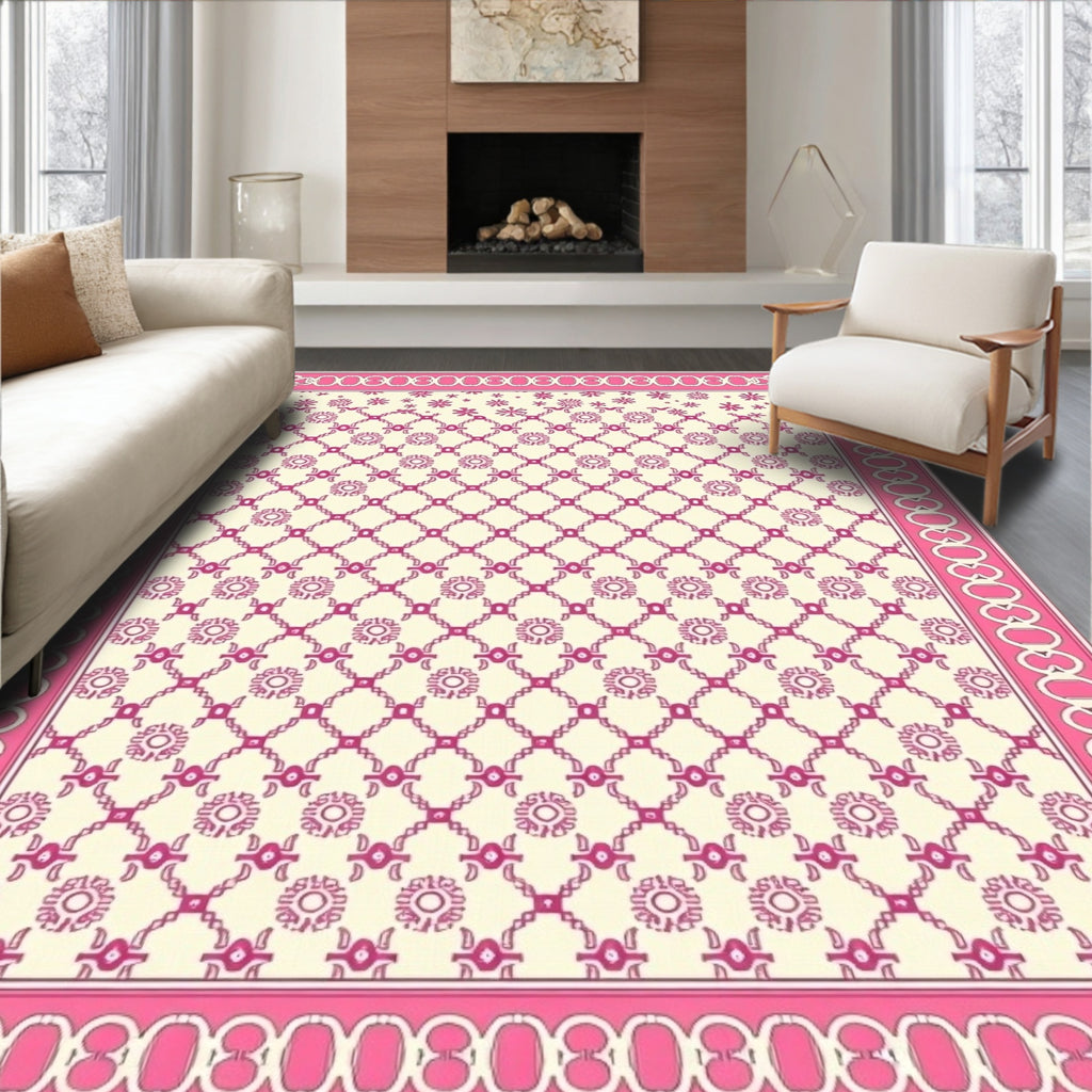 Pink Floral Lattice Cream Rug