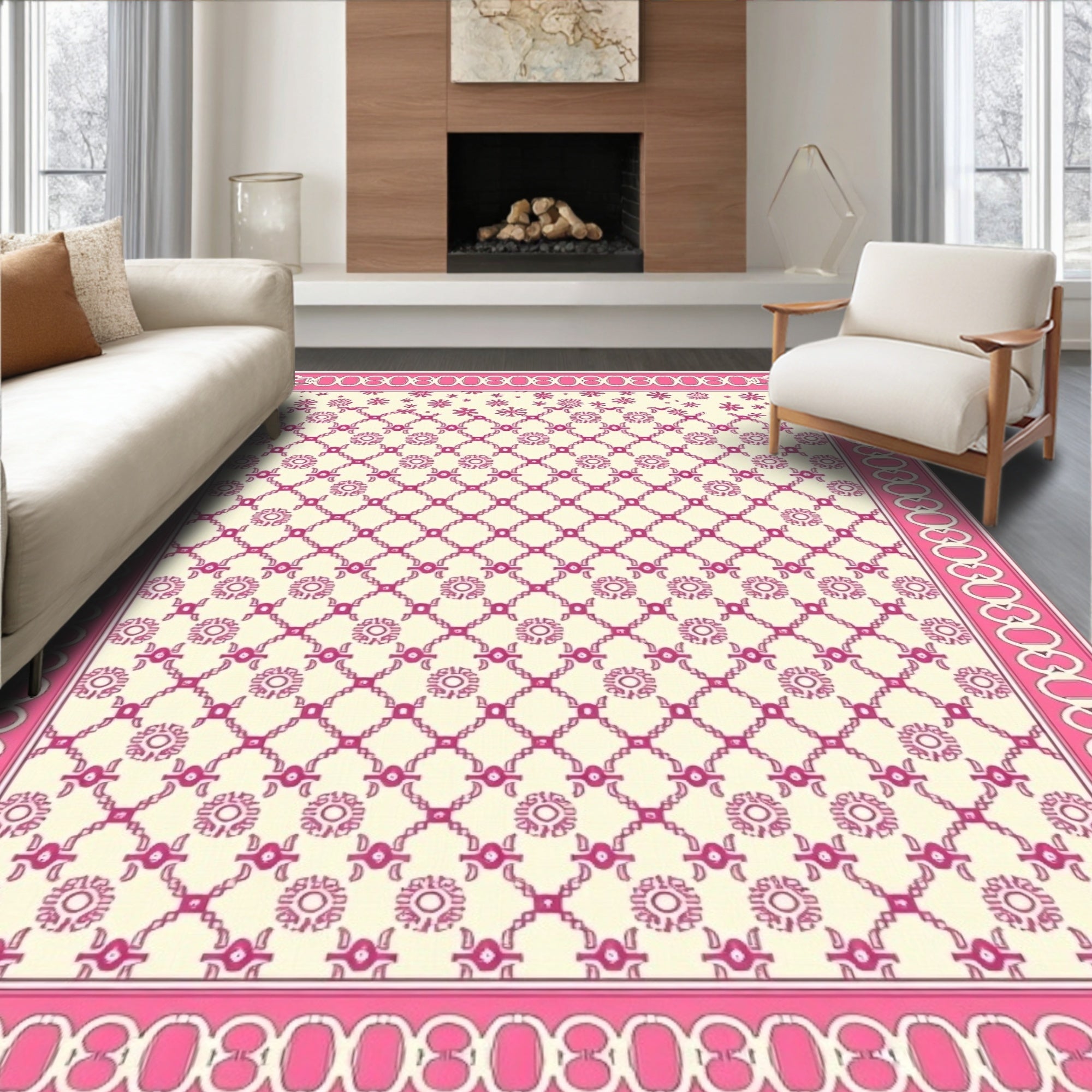 Pink Floral Lattice Cream Rug