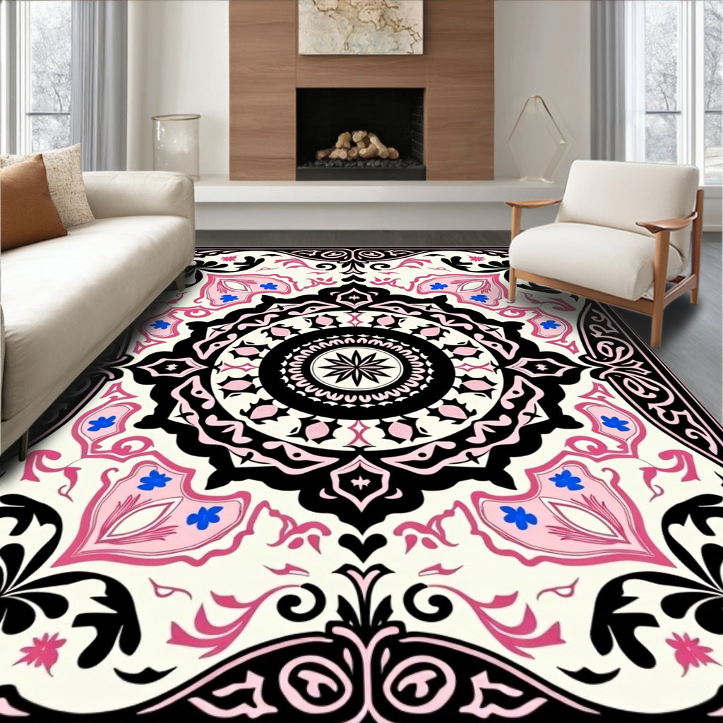 Cream Pink Black Floral Medallion Rug