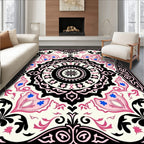 Cream Pink Black Floral Medallion Rug
