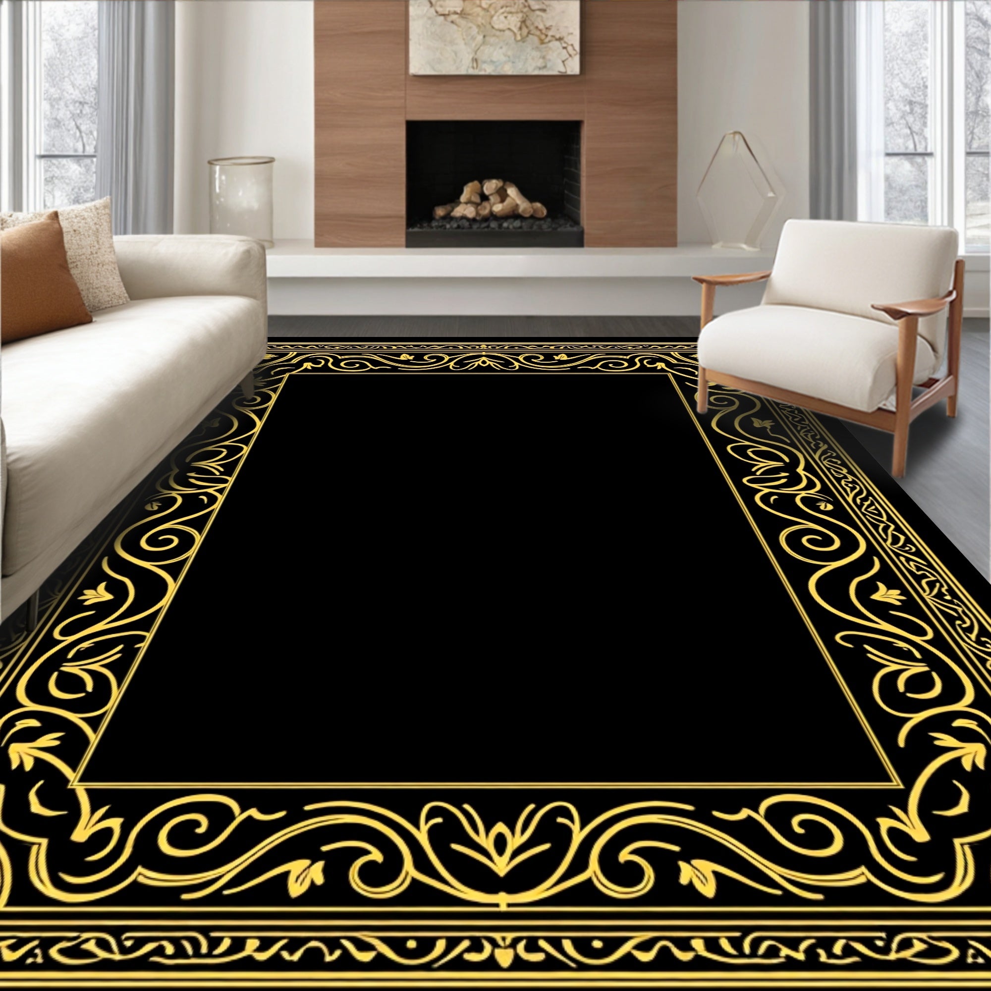Golden Scrollwork Floral Border Rug