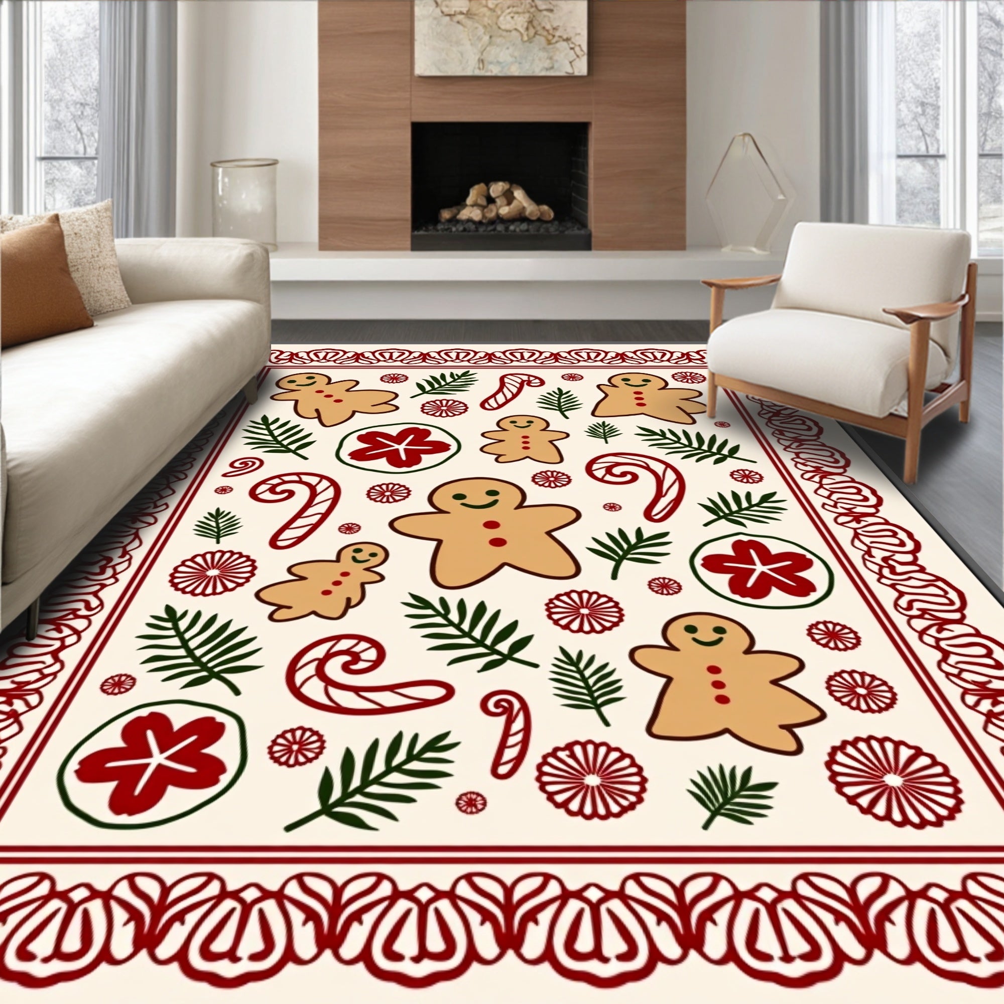 Festive Gingerbread Candy Cane Foliage Border Rug