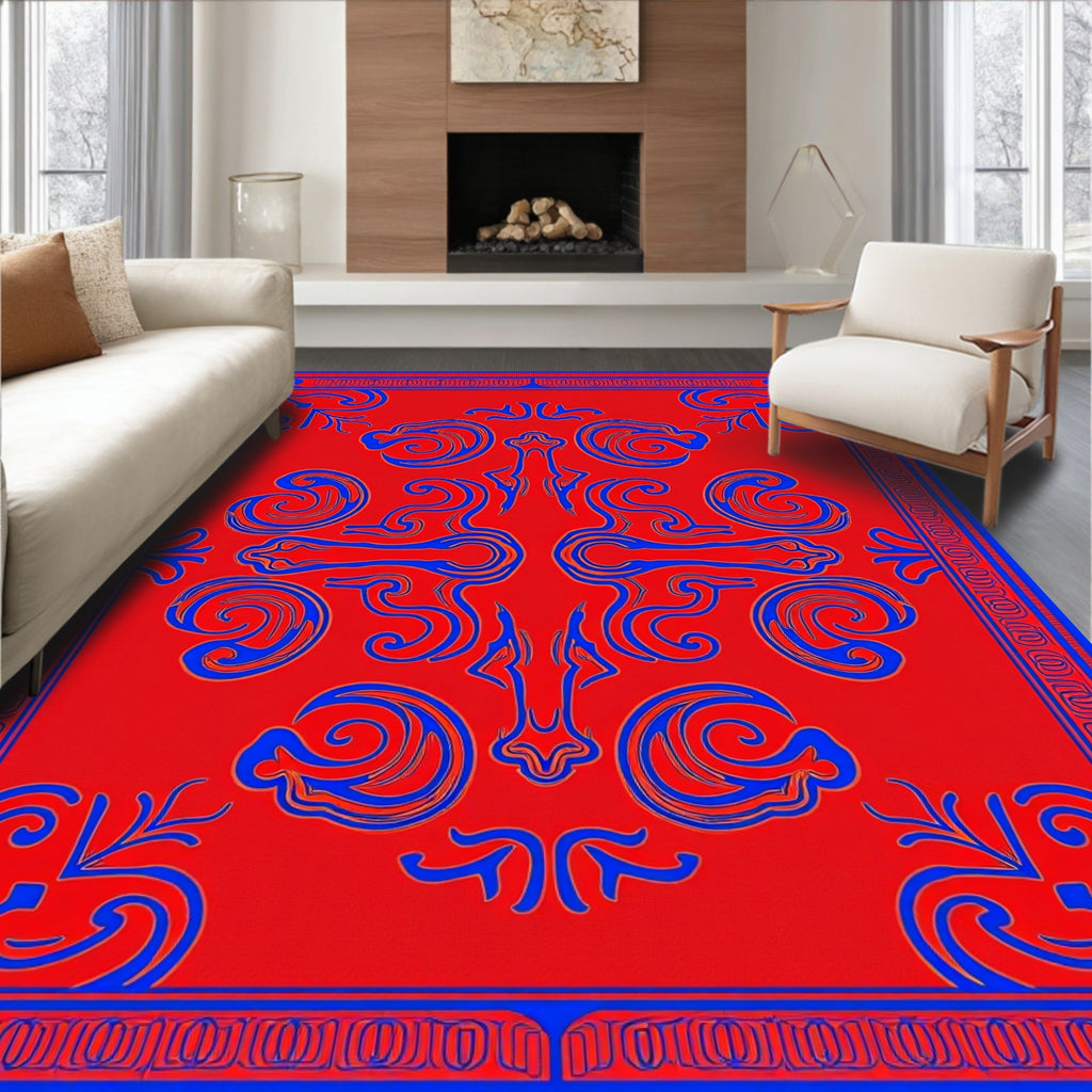 Vibrant Red Blue Swirl Medallion Rug