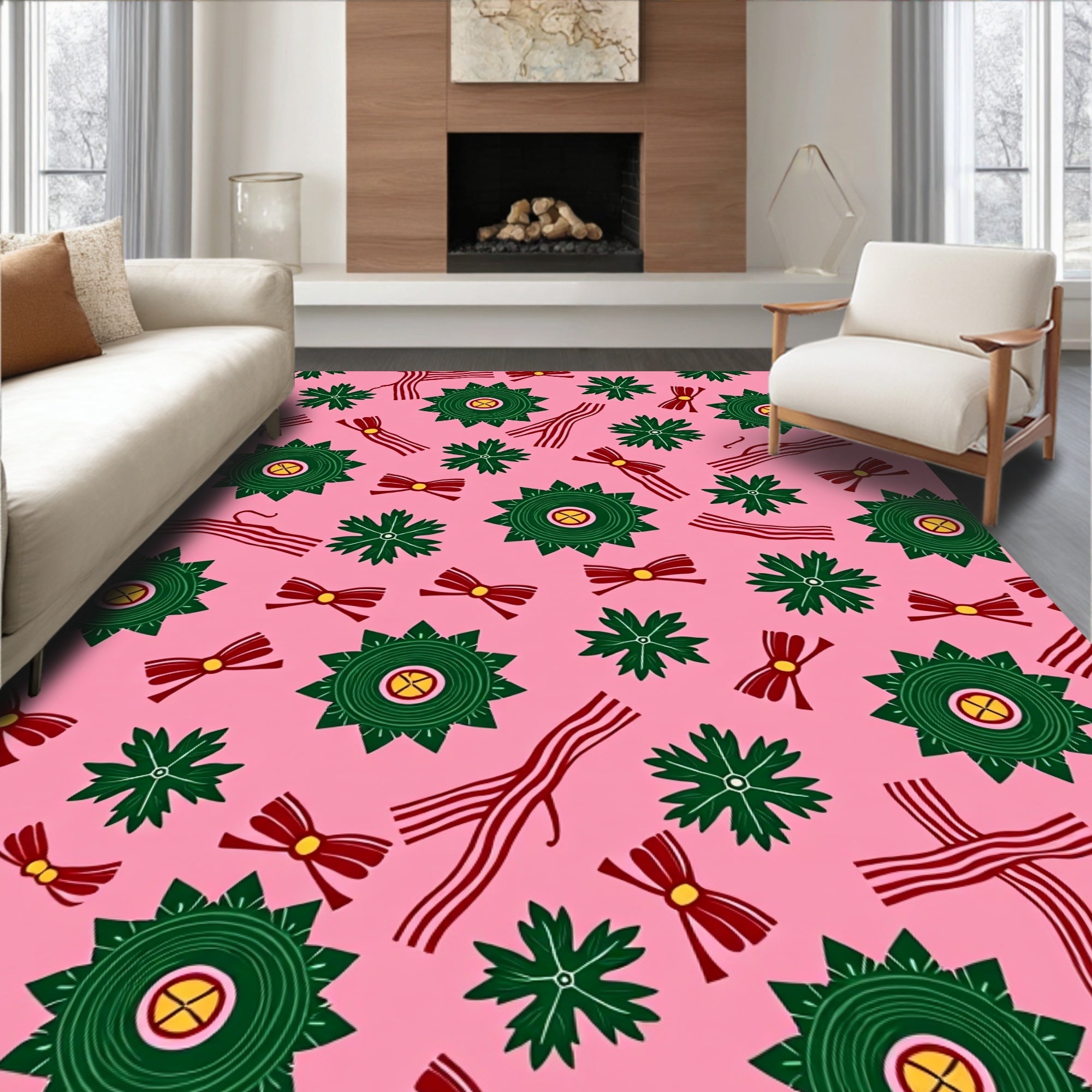 Pink Festive Green Star Bow Rug