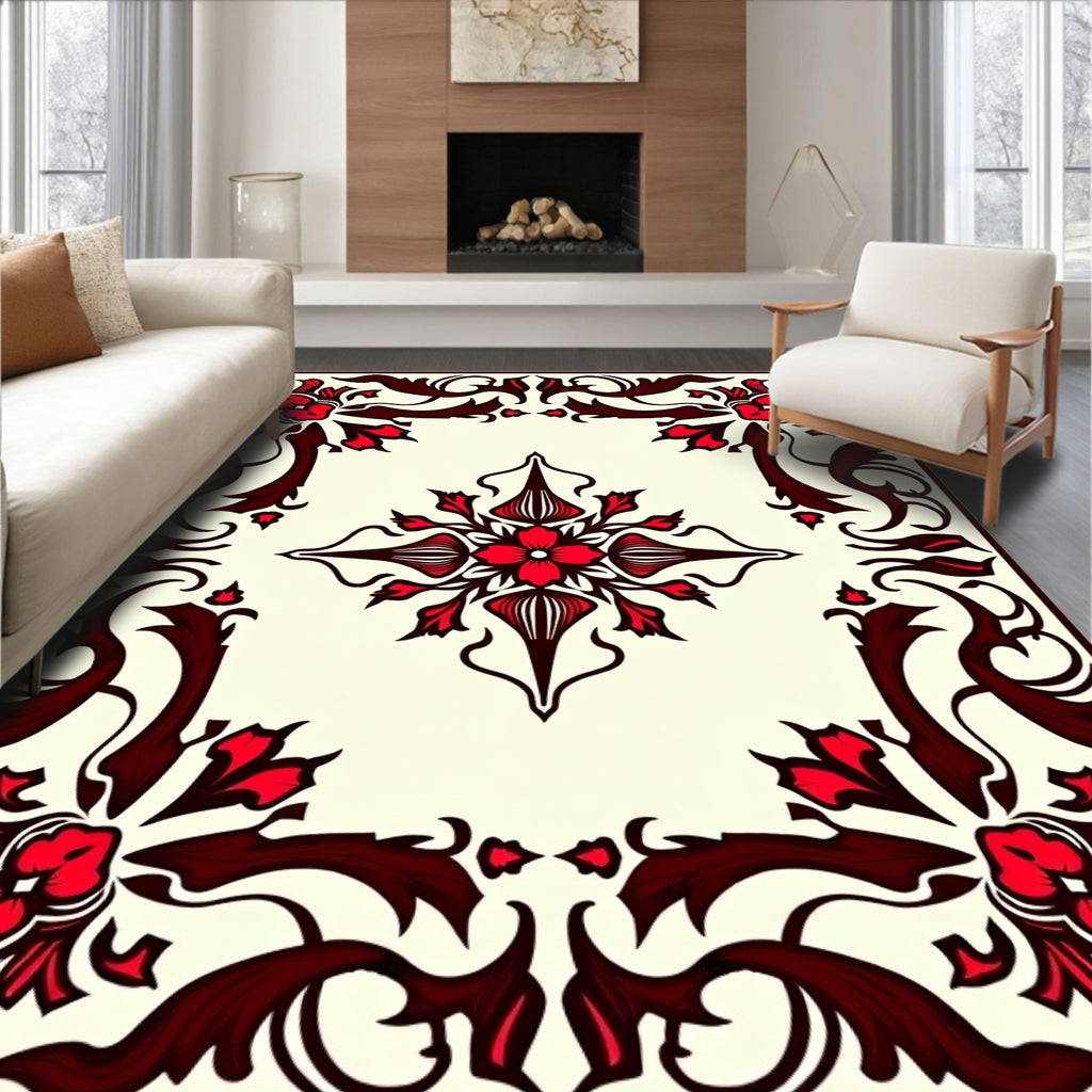 Classic Red Floral Swirl Border Rug