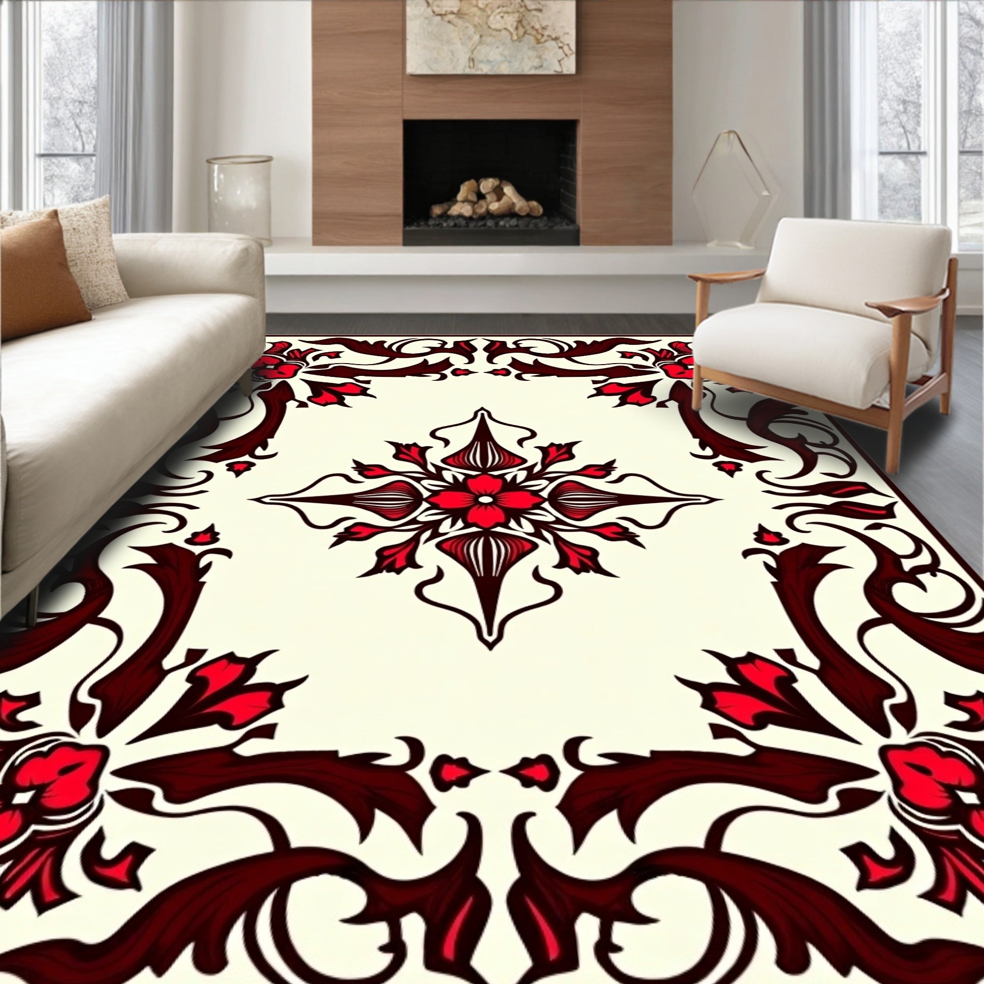 Classic Red Floral Swirl Border Rug