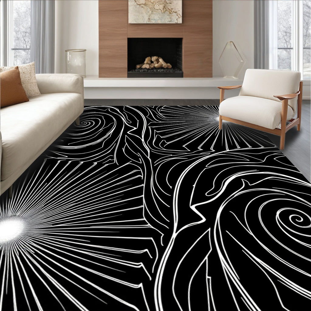 Monochrome Swirl Sunburst Abstract Rug