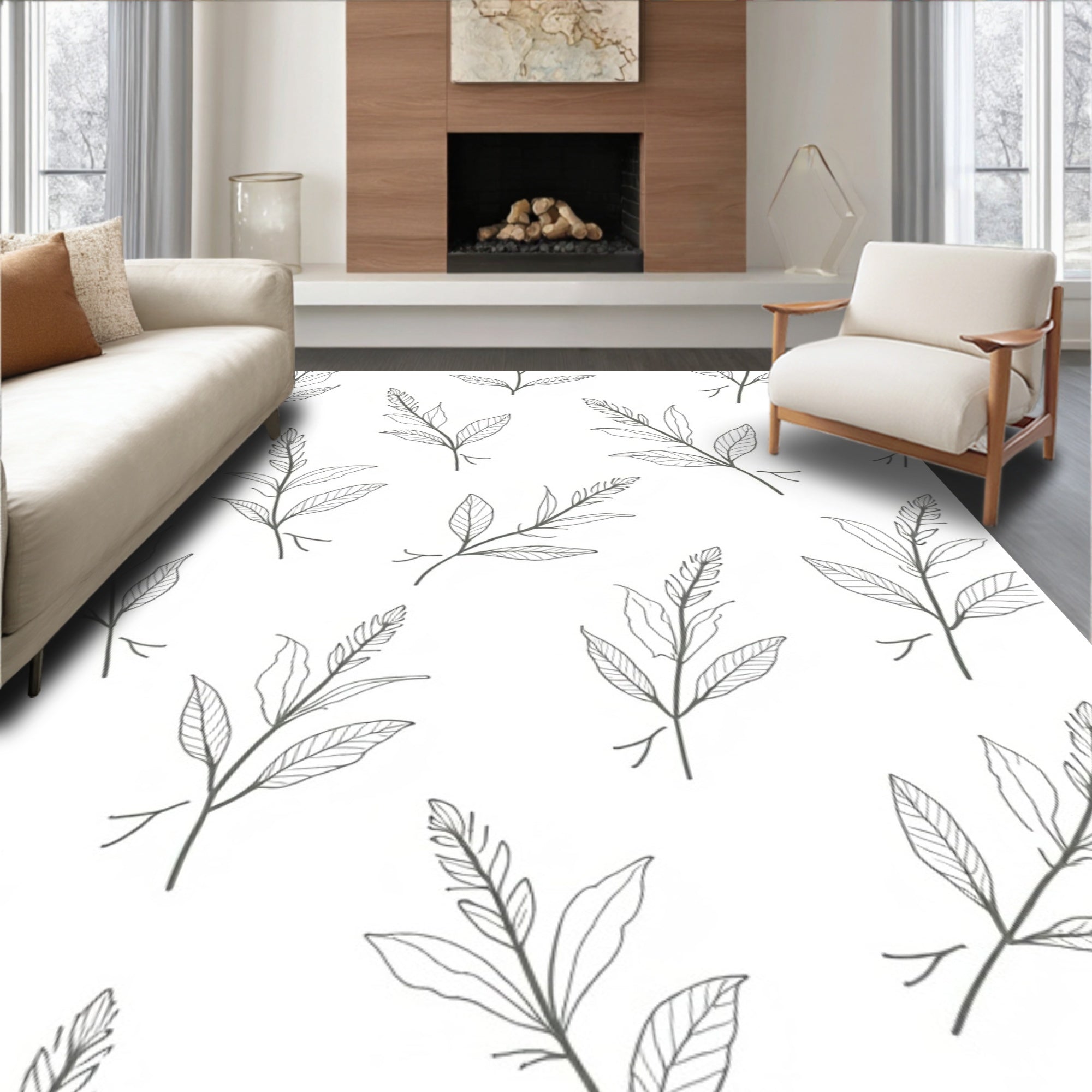 Minimalist Botanical Line Art Branches Rug
