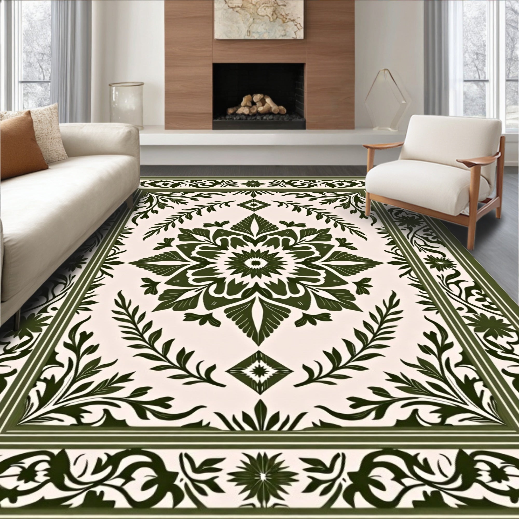 Forest Green Floral Medallion Border Rug