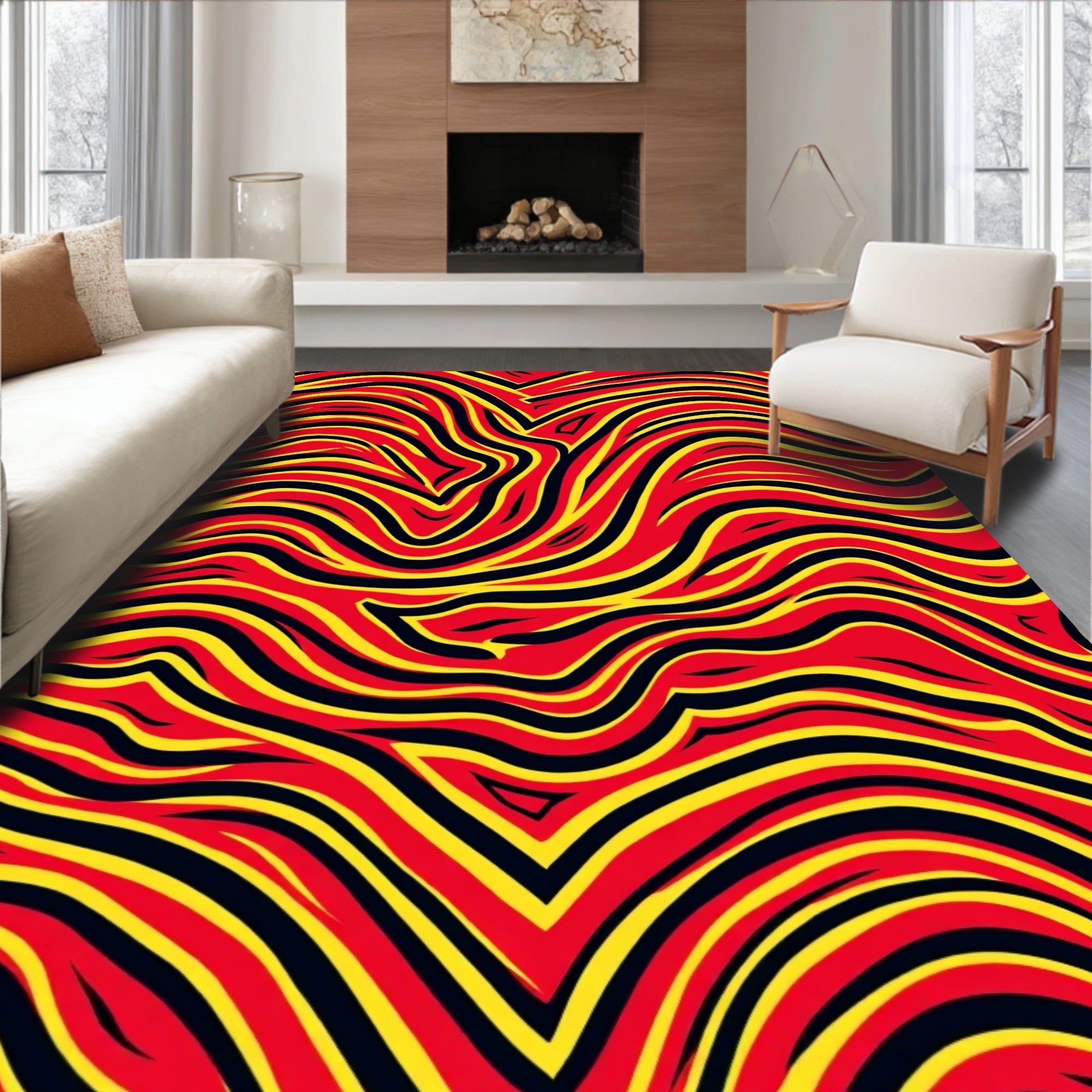 Vibrant Red Yellow Wave Flow Rug