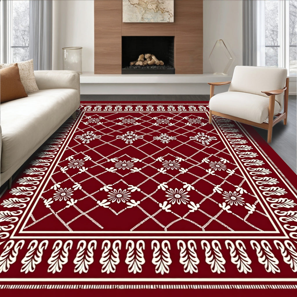 Crimson Floral Lattice Border Rug