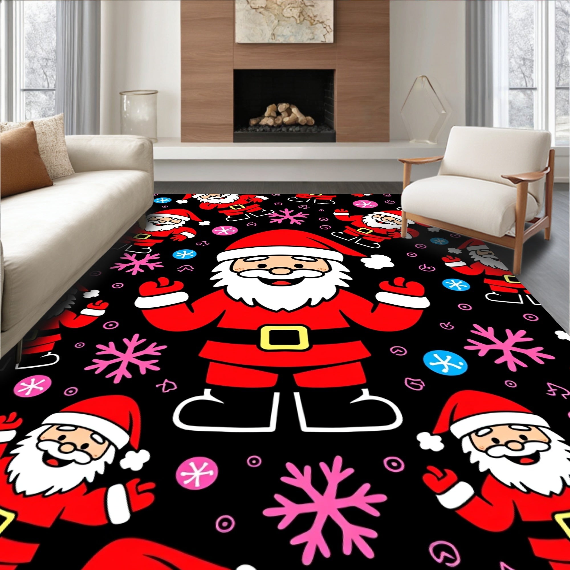 Playful Santa Claus with Snowflakes on Black Rug