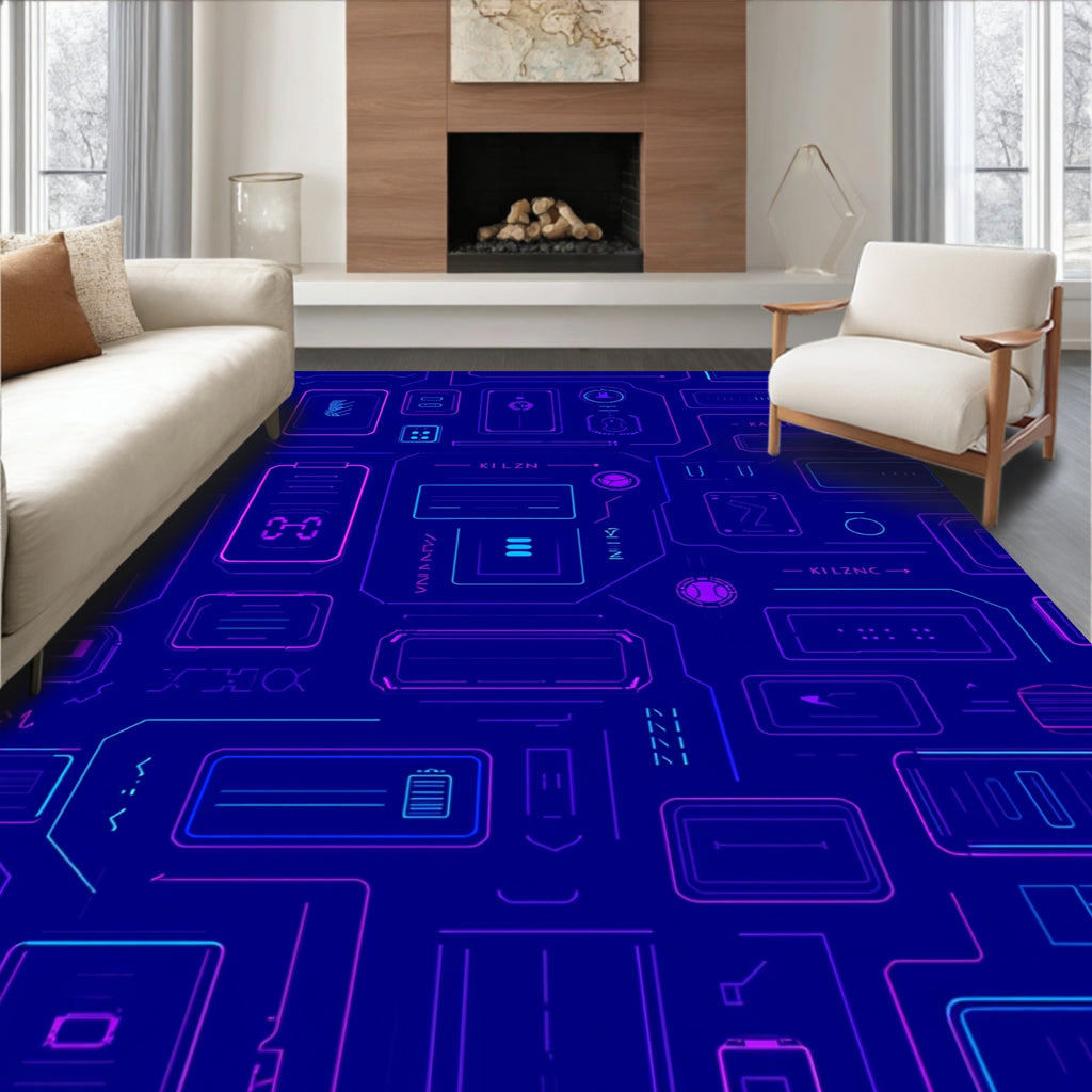 Neon Circuits Futuristic Tech Overlay Rug