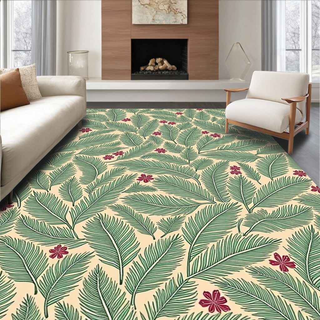 Green Palm Leaf With Red Flower Rug