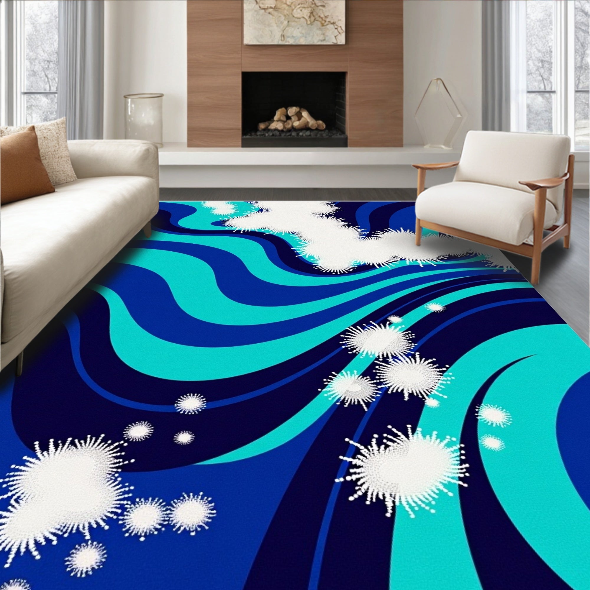 Rippled Ocean Abstract White Starburst Rug