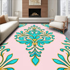 Elegant Teal Gold Floral Damask on Pink Rug