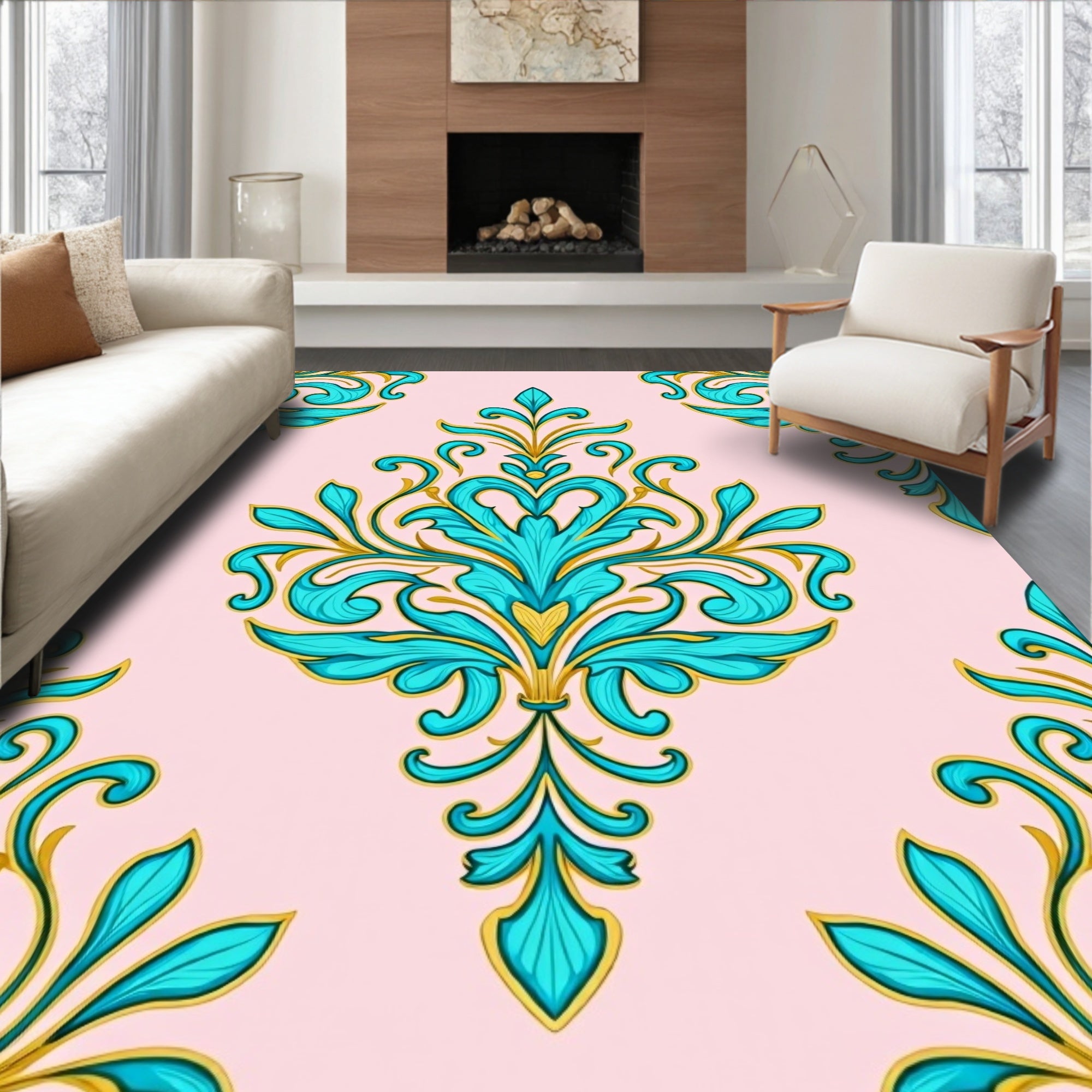 Elegant Teal Gold Floral Damask on Pink Rug