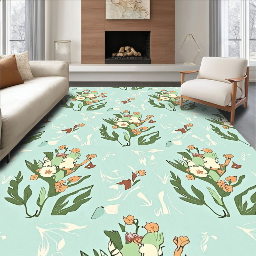 Light Blue Whimsical Floral Bouquet Art Rug