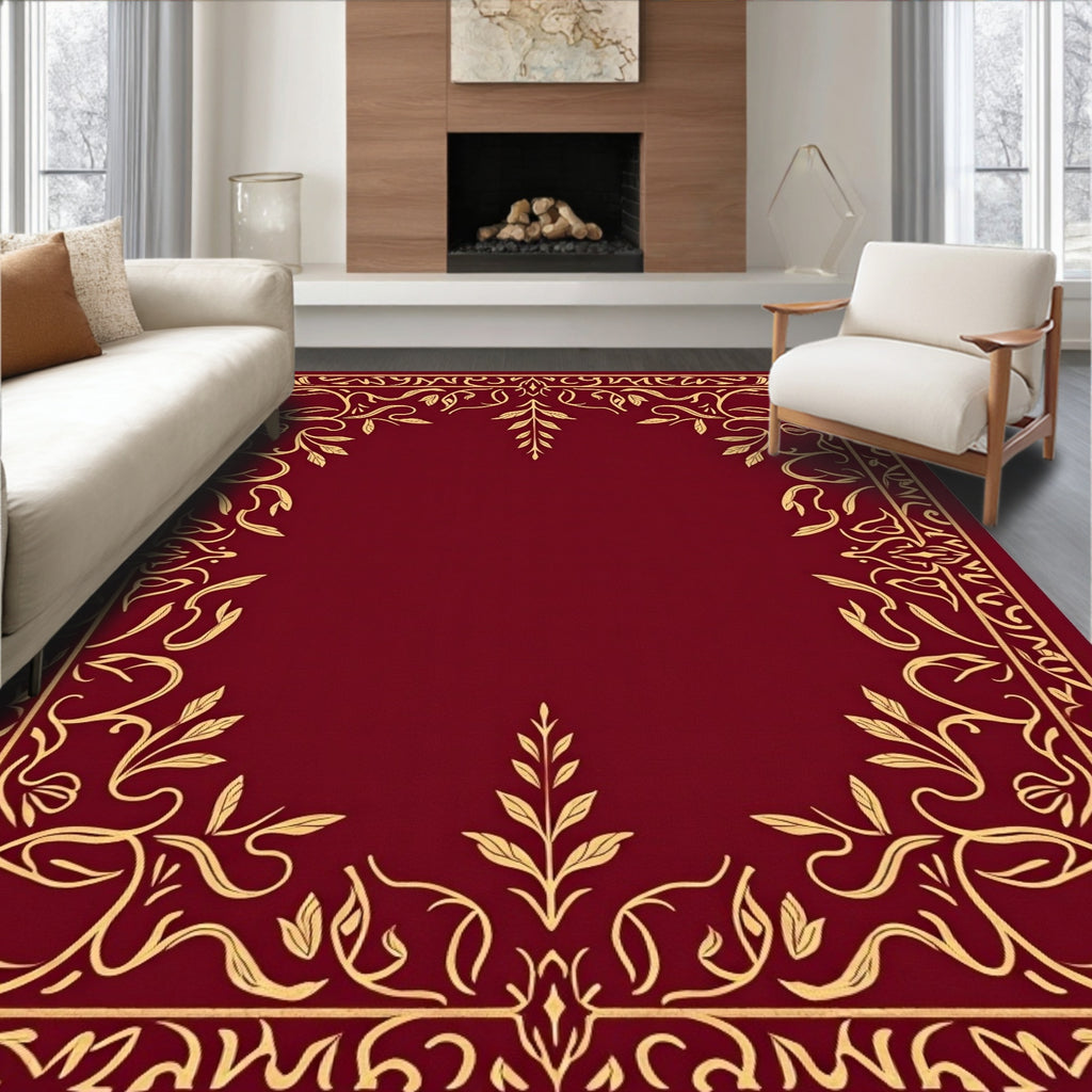 Deep Red Golden Floral Border Rug