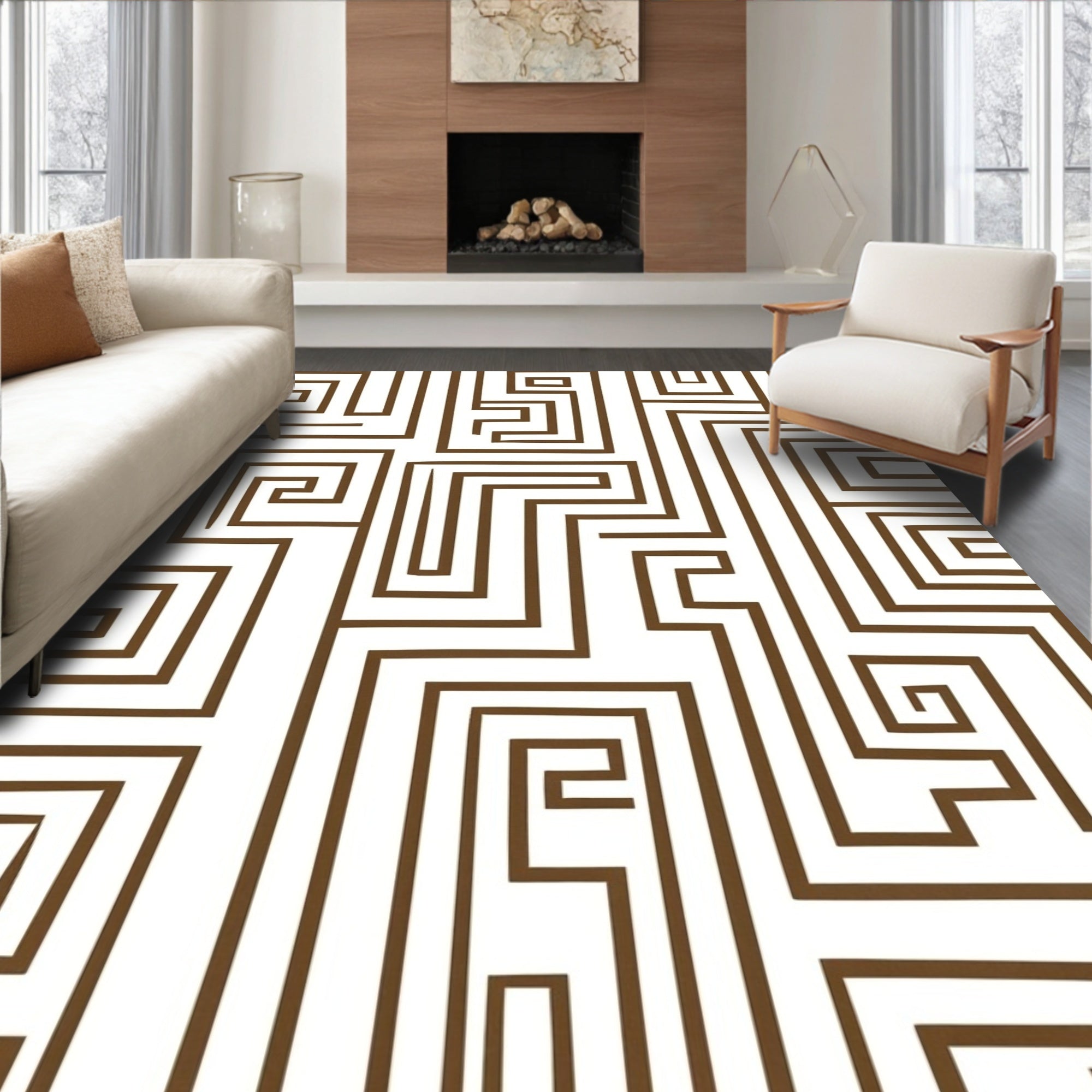 Geometric Maze Brown White Harmony Rug