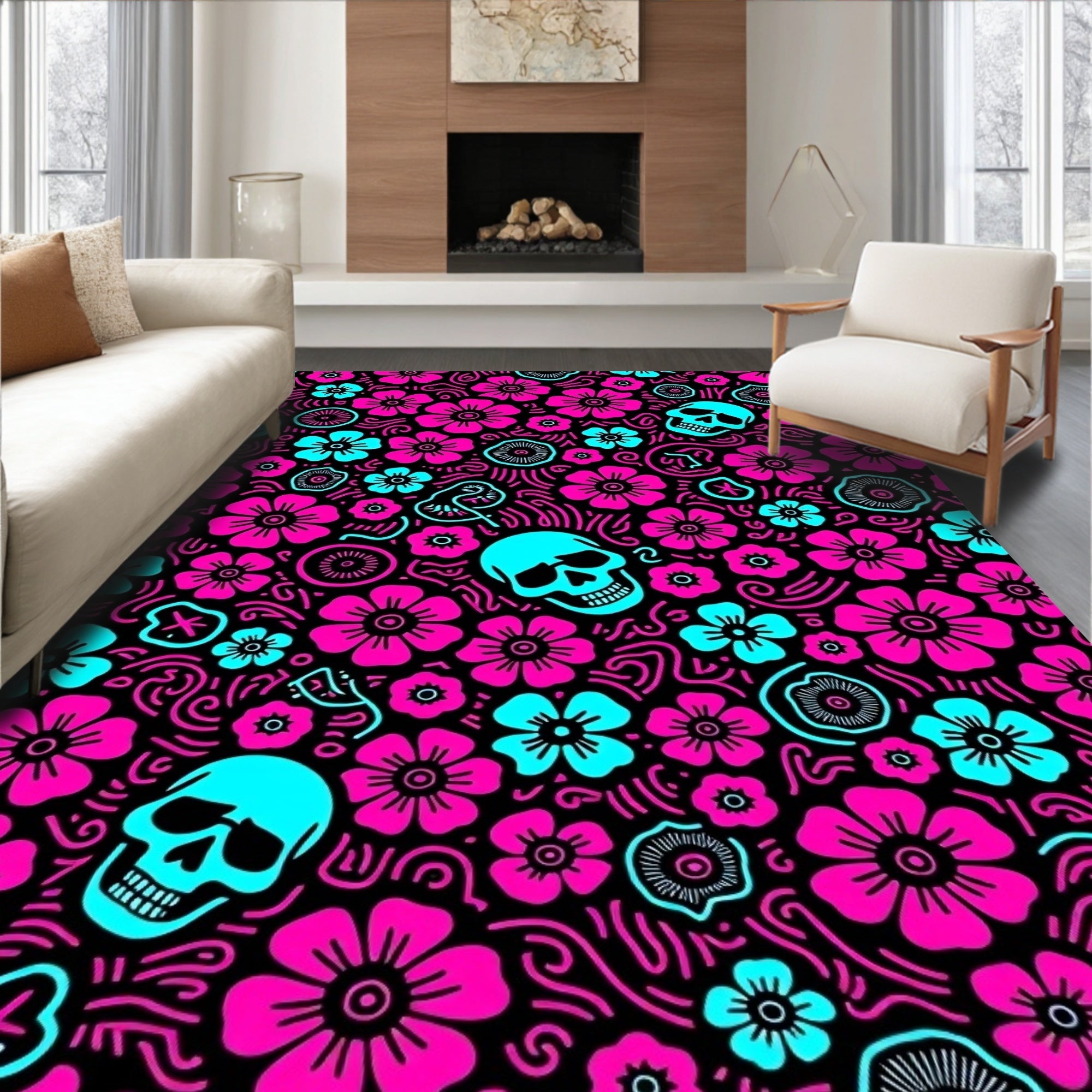 Hot Pink Turquoise Skull Floral Whimsy Rug