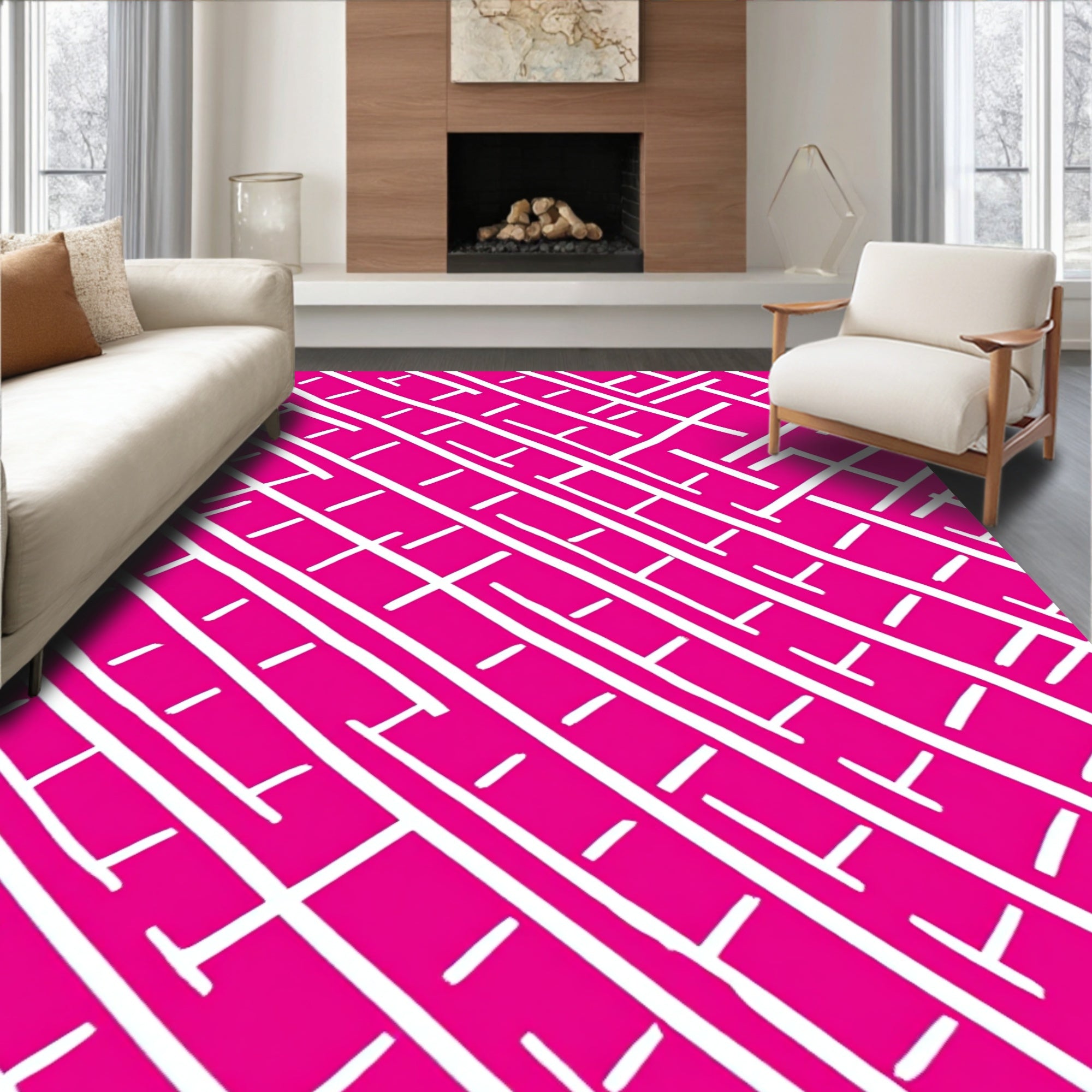 Hot Pink White Linear Intersecting Rug