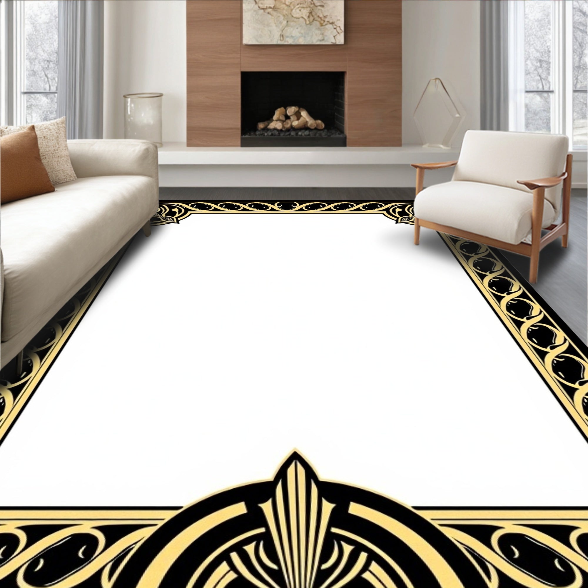 Ornate Black Gold Art Deco Border Rug