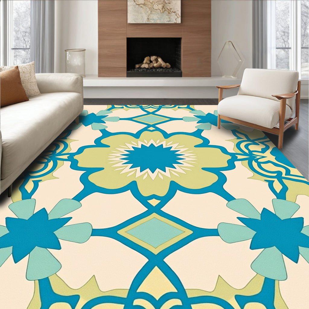 Teal Yellow Floral Garden Medallion Rug