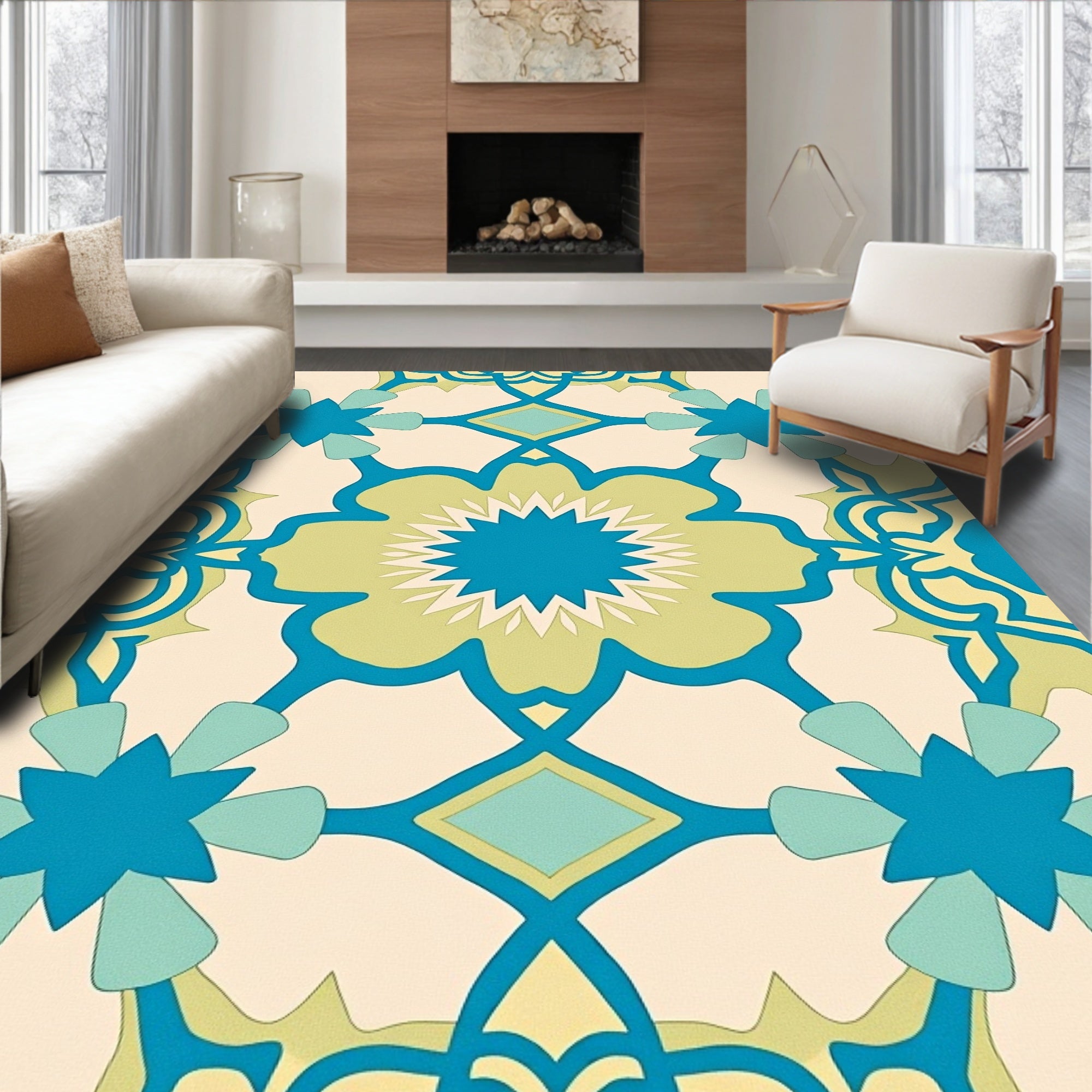 Teal Yellow Floral Garden Medallion Rug