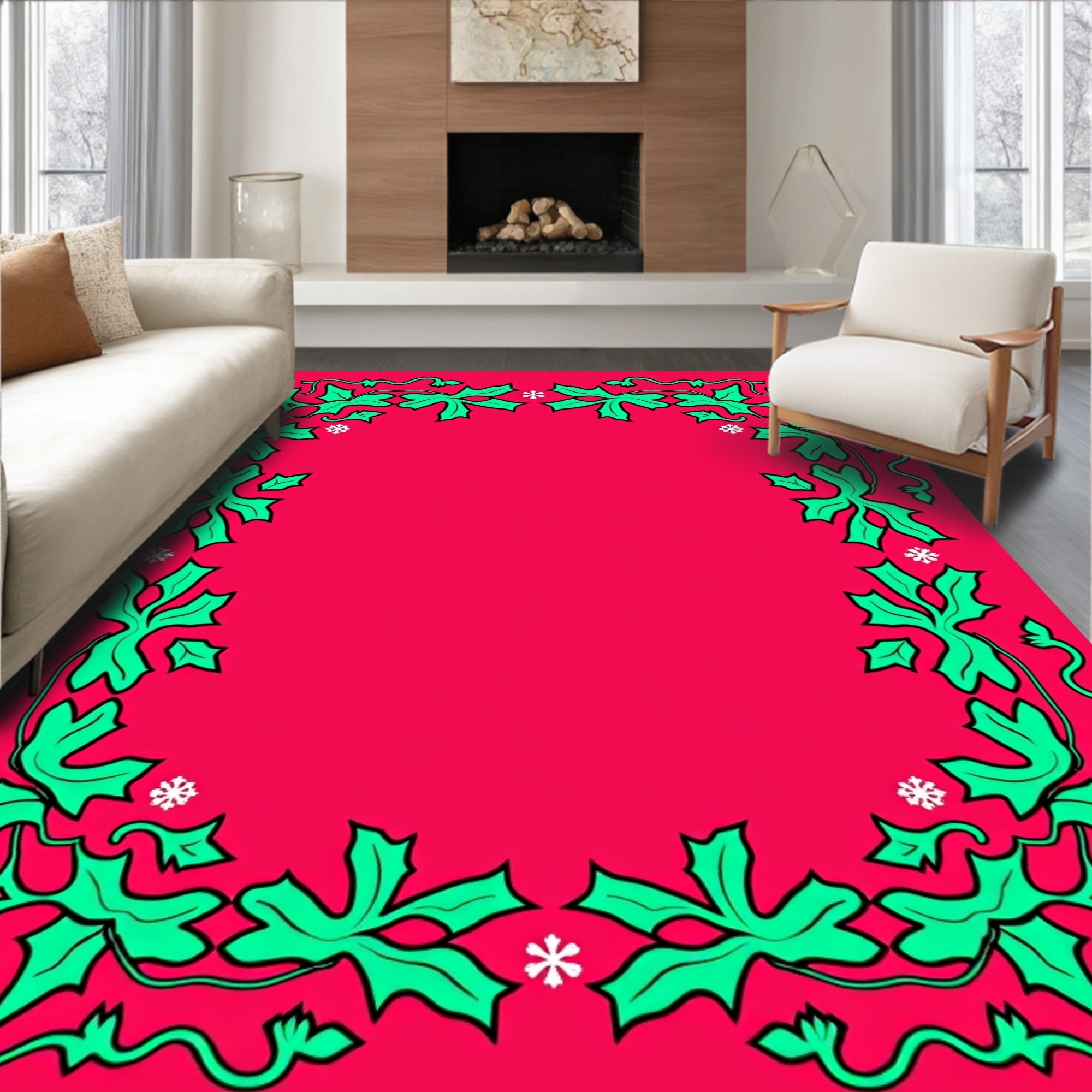 Crimson Holly Snowflakes Border Rug