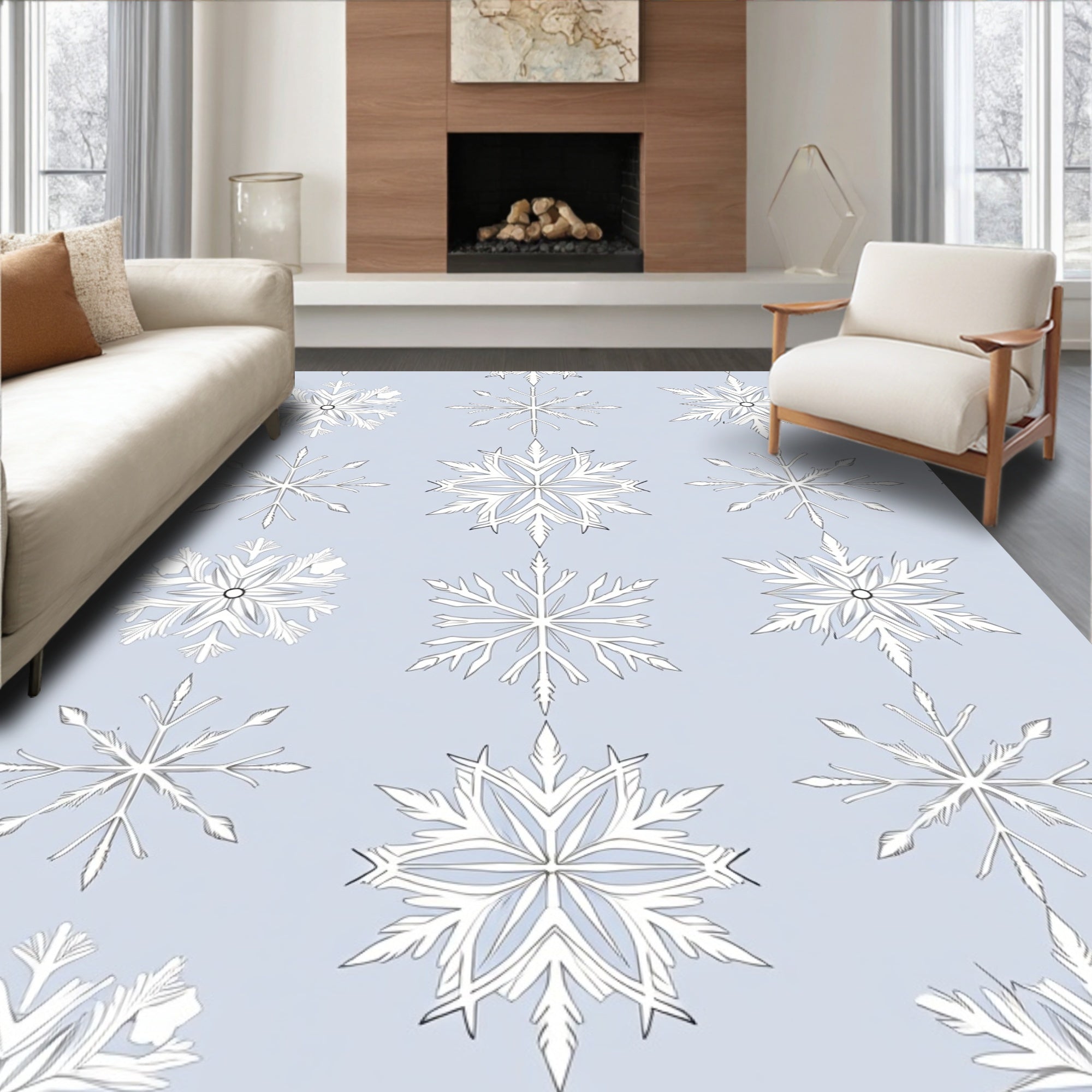 Winter White Intricate Snowflake Arrangement Rug