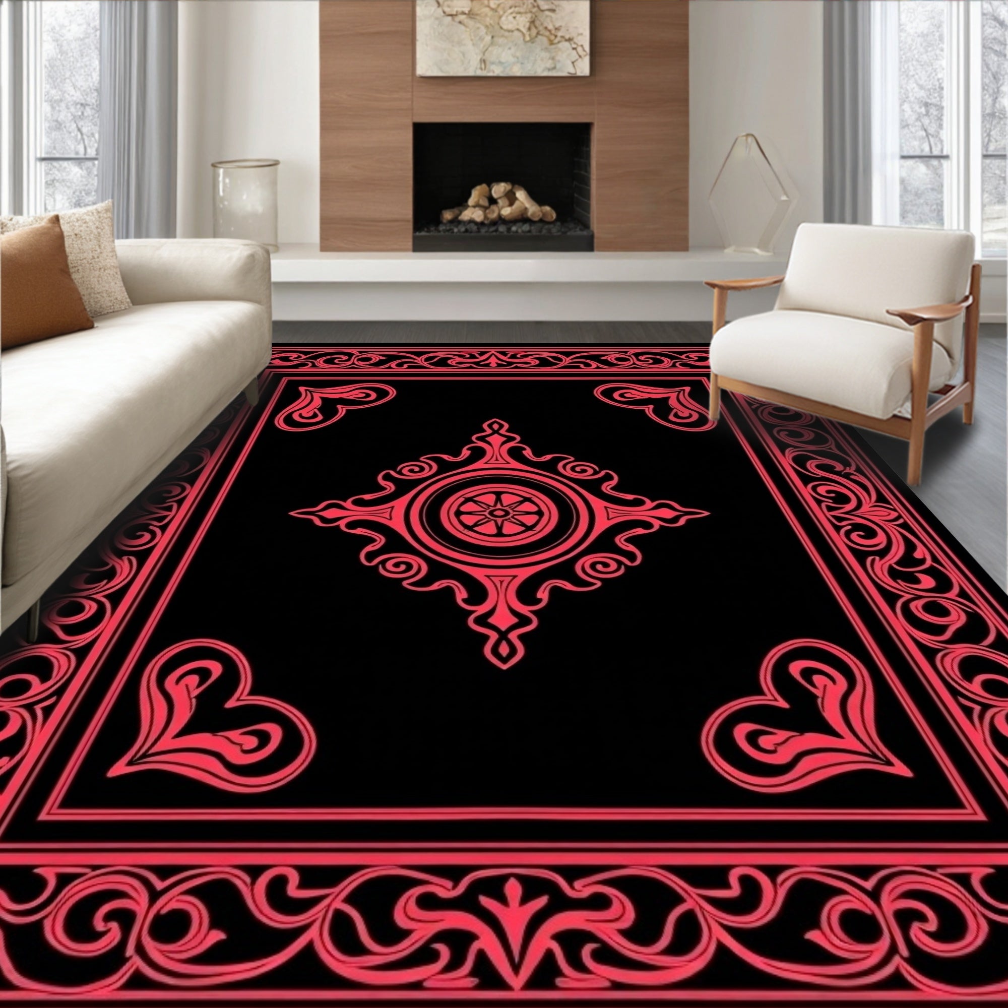 Crimson Filigree Scrollwork Medallion Rug