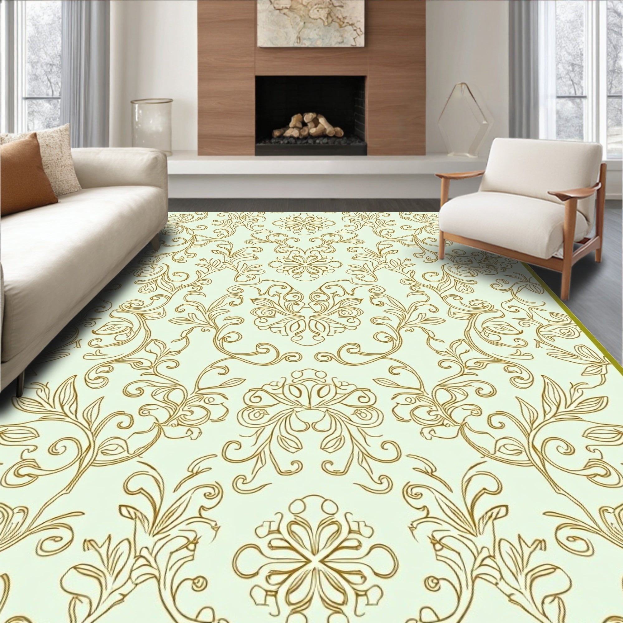 Antique Golden Floral Scrollwork Swirls Rug