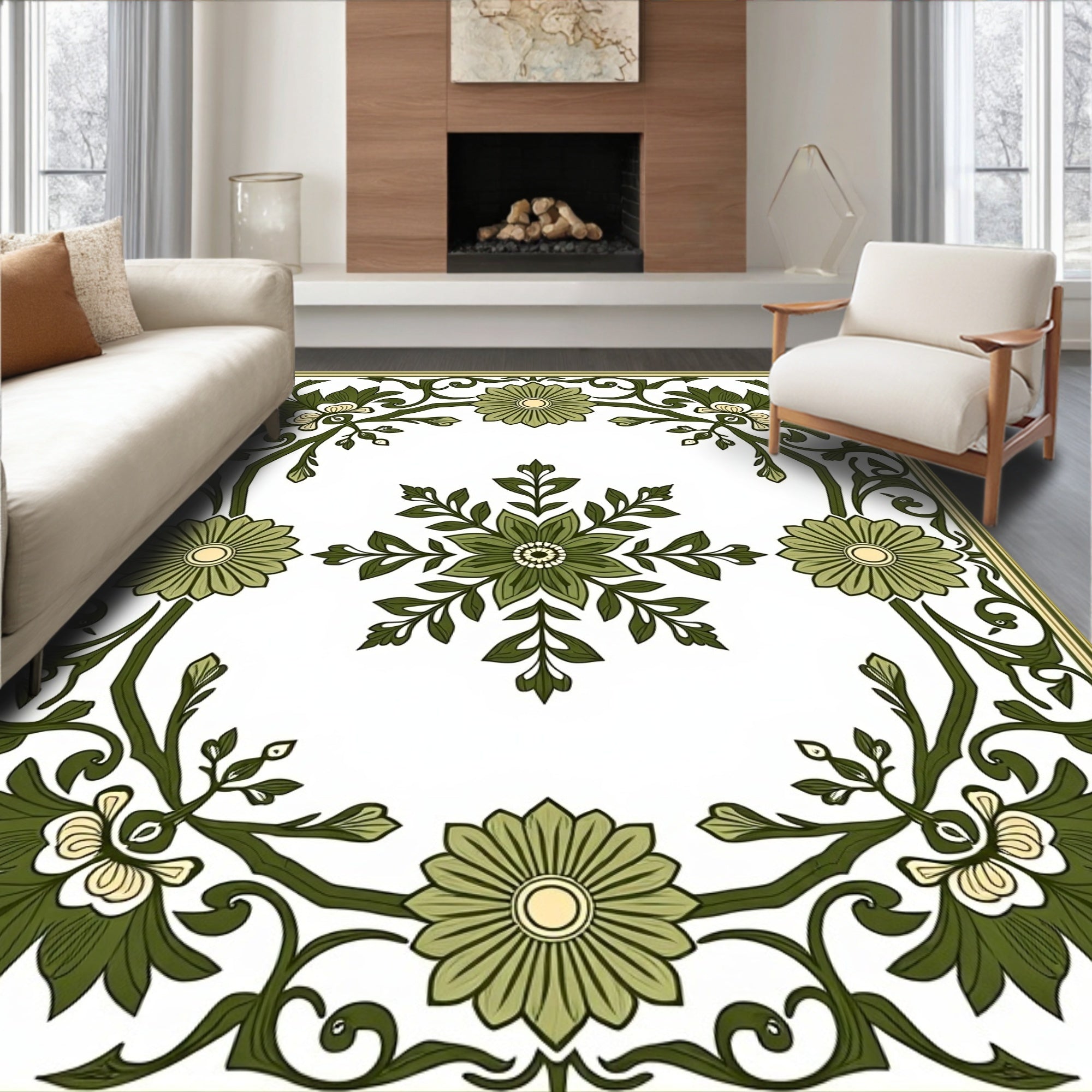 Green Floral Vine Border Rug