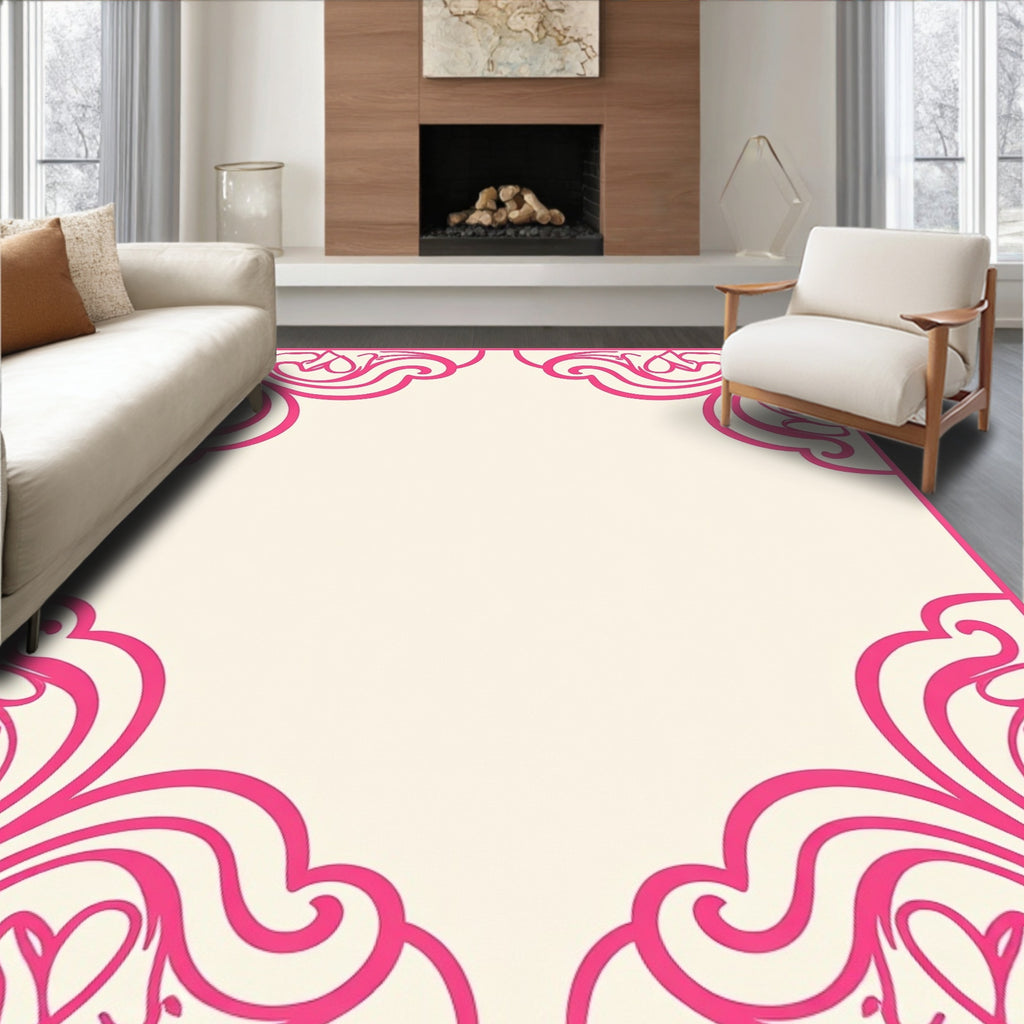 Vibrant Pink Floral Scroll Border Rug