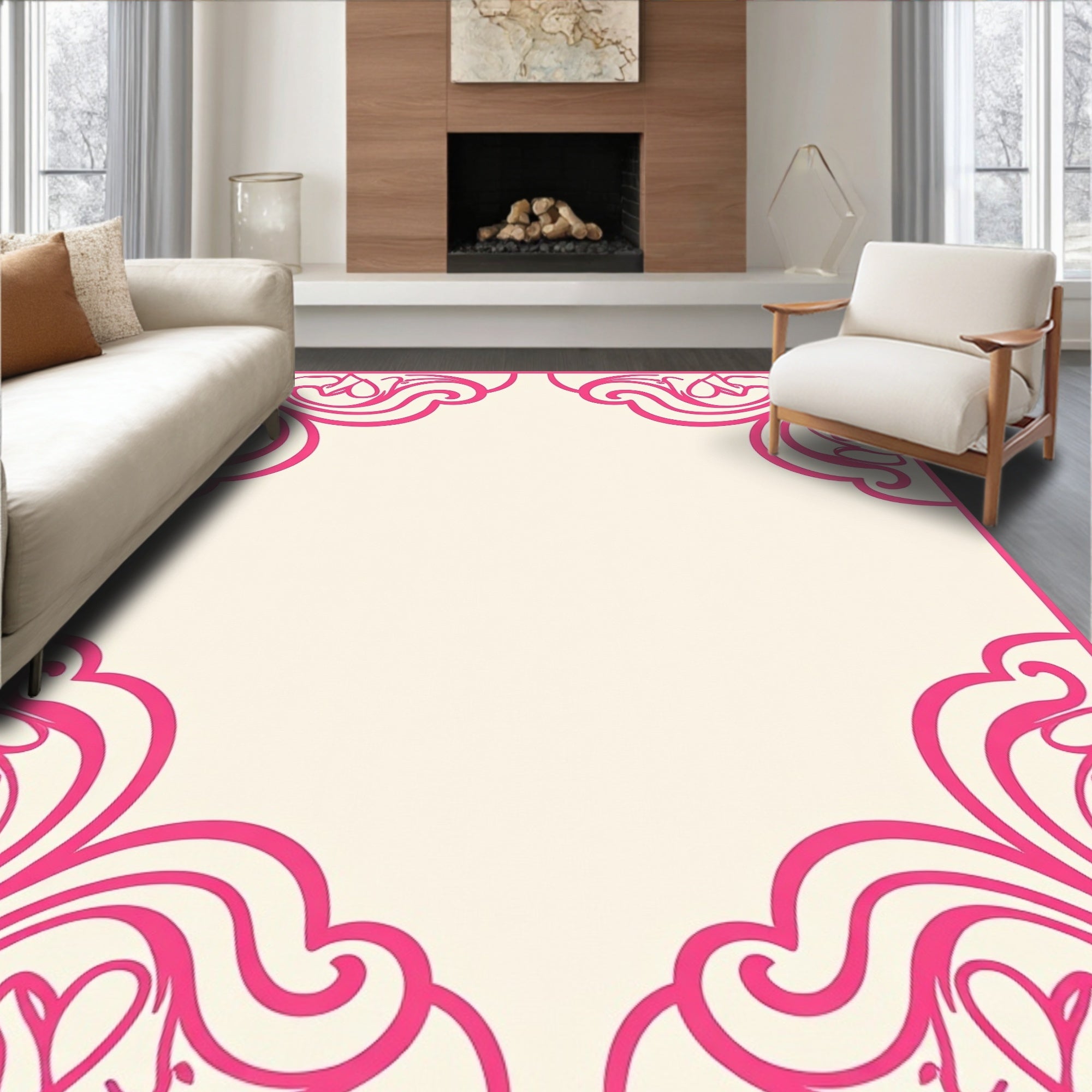 Vibrant Pink Floral Scroll Border Rug