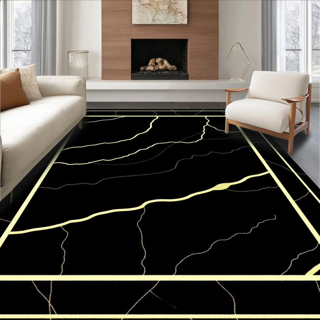 Golden Veined Black Marble Border Rug