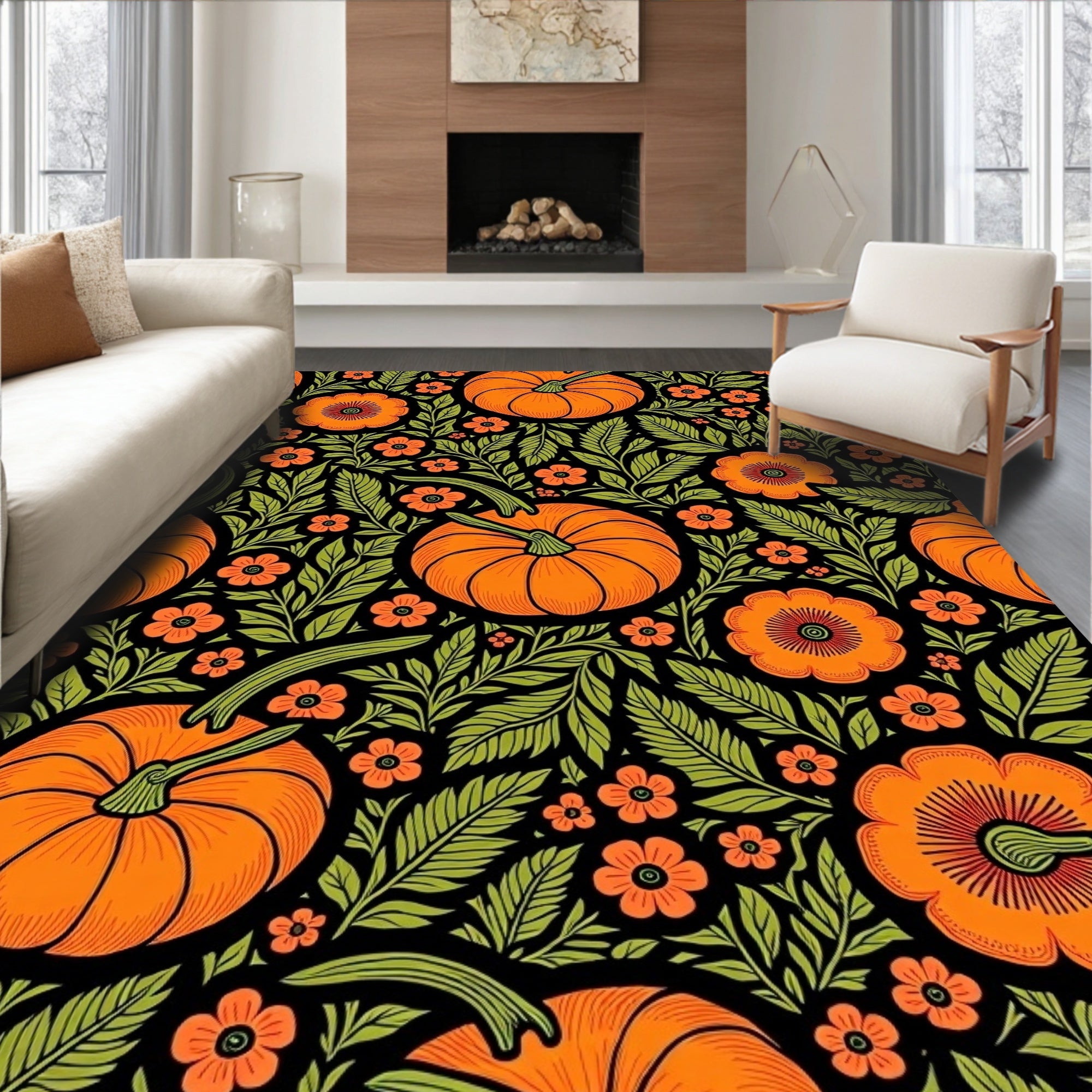 Orange Pumpkin Floral Black Garden Rug