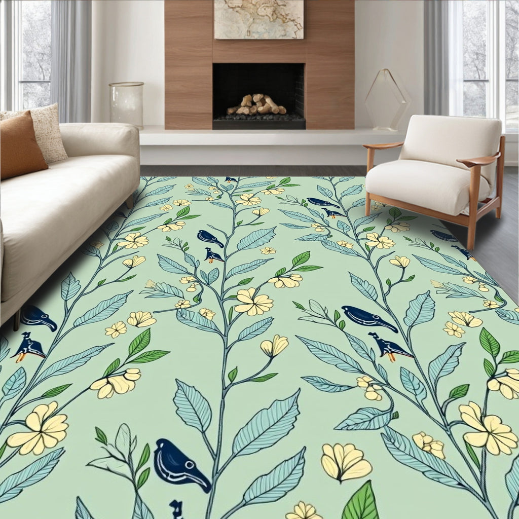 Pale Green Branch Bird Floral Rug