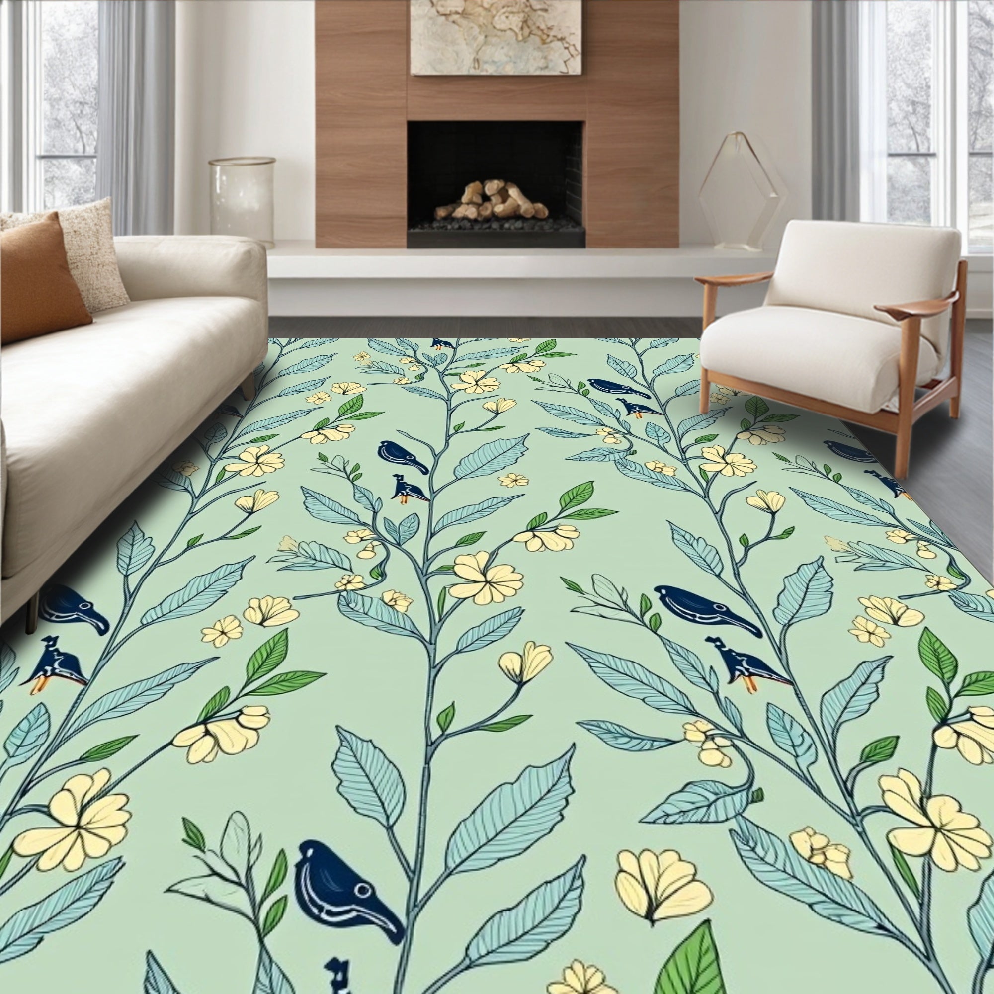 Pale Green Branch Bird Floral Rug