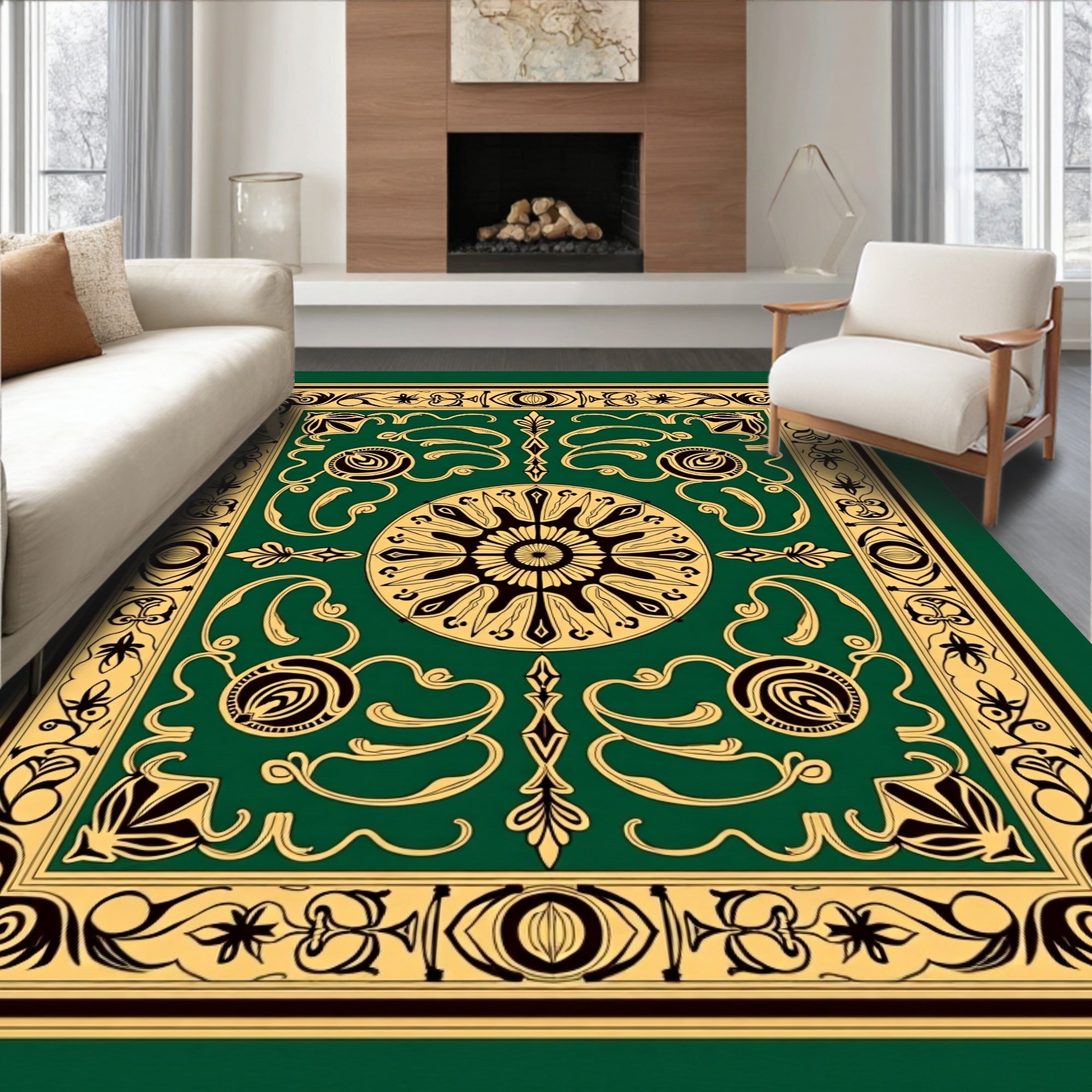 Antique Emerald Gold Floral Medallion Rug