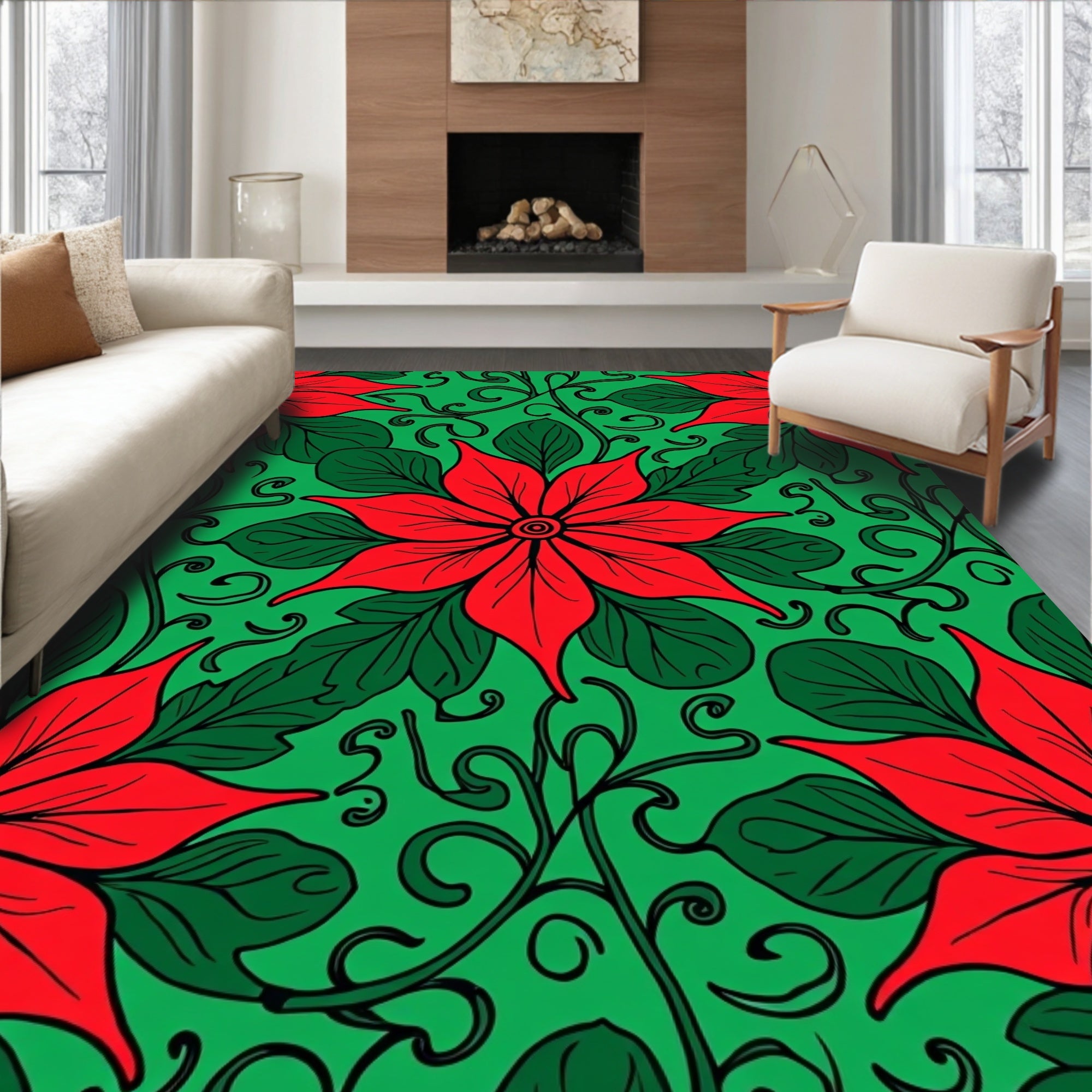 Crimson Poinsettia Swirl Green Rug